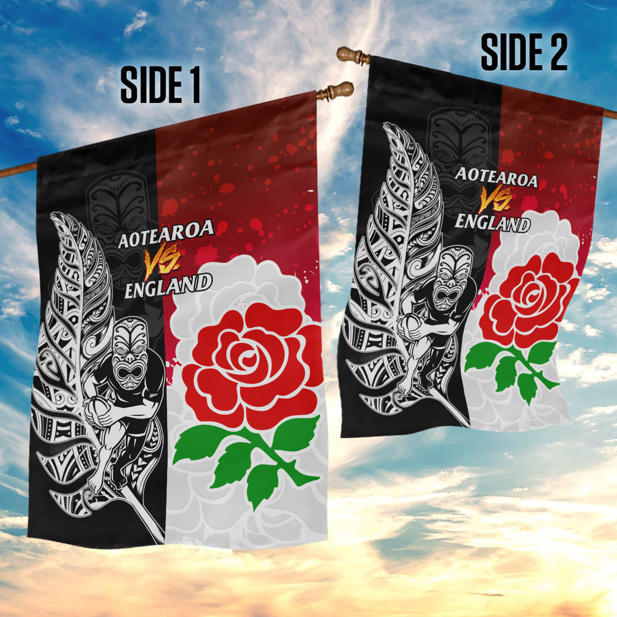 New Zealand And England Rugby Garden Flag 2023 World Cup All Black Combine Red Roses - Vibe Hoodie Shop