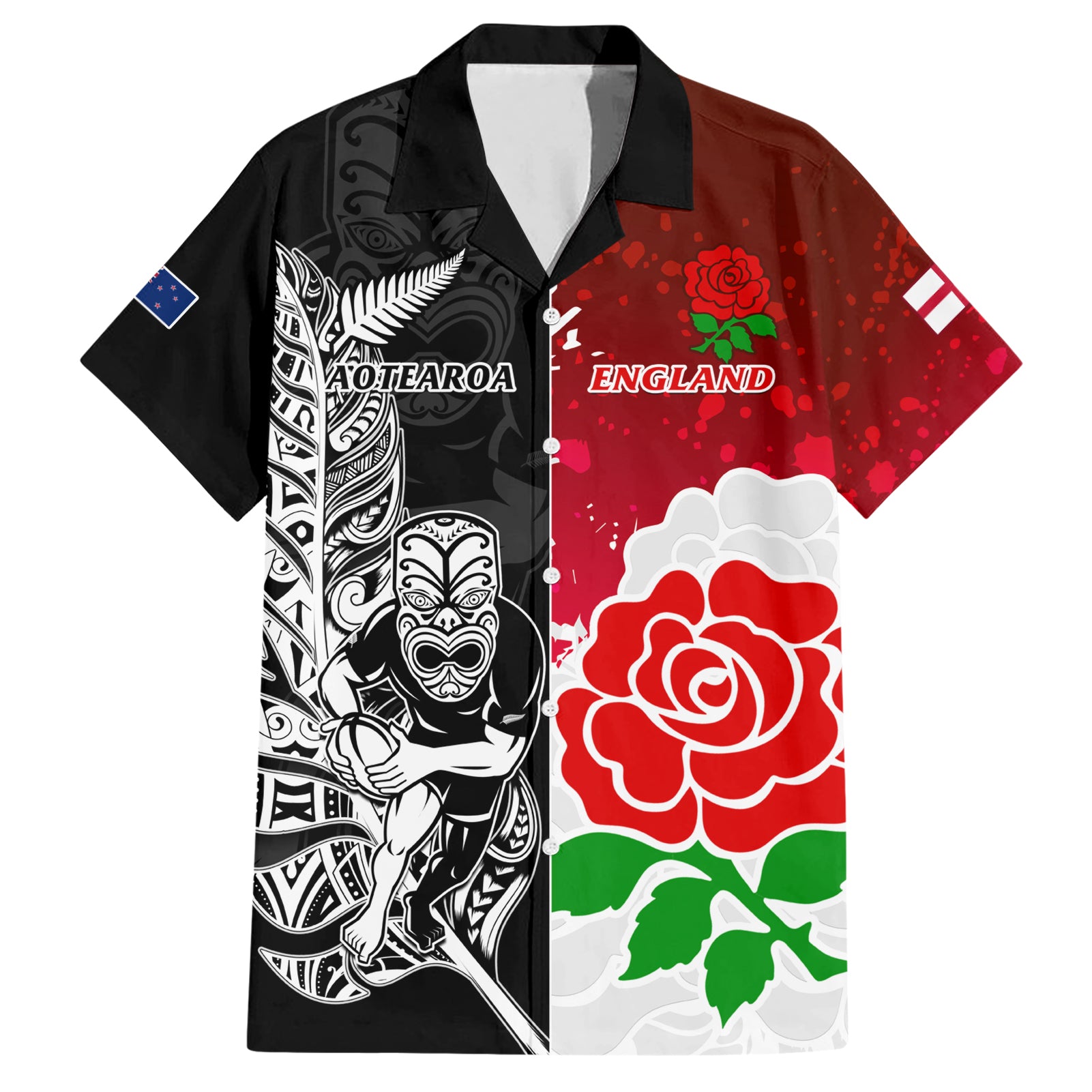 New Zealand And England Rugby Hawaiian Shirt 2023 World Cup All Black Combine Red Roses - Vibe Hoodie Shop