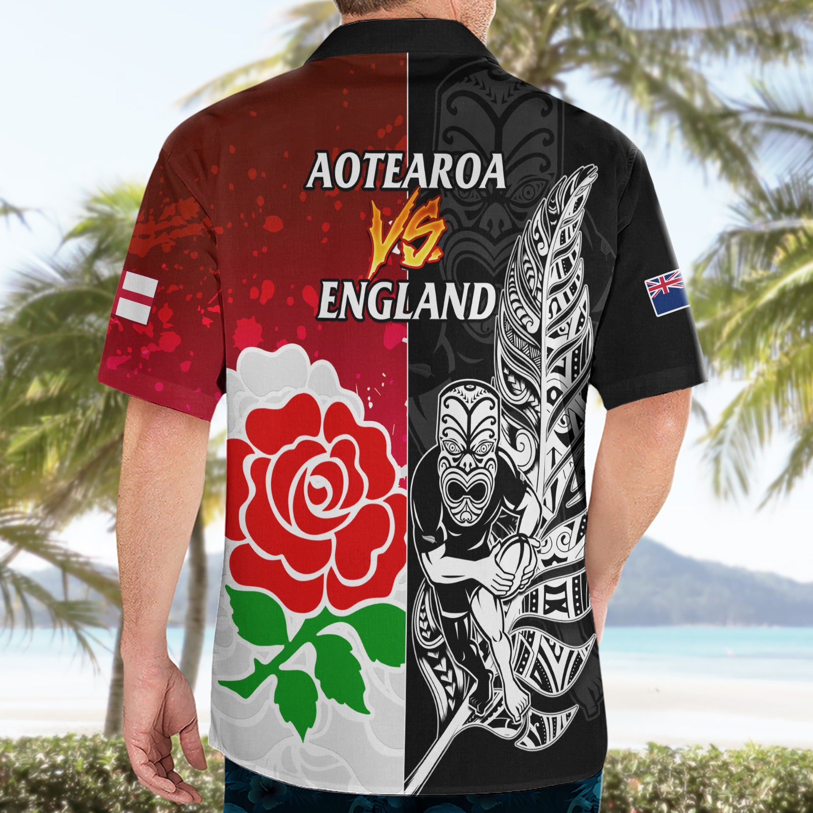 New Zealand And England Rugby Hawaiian Shirt 2023 World Cup All Black Combine Red Roses - Vibe Hoodie Shop