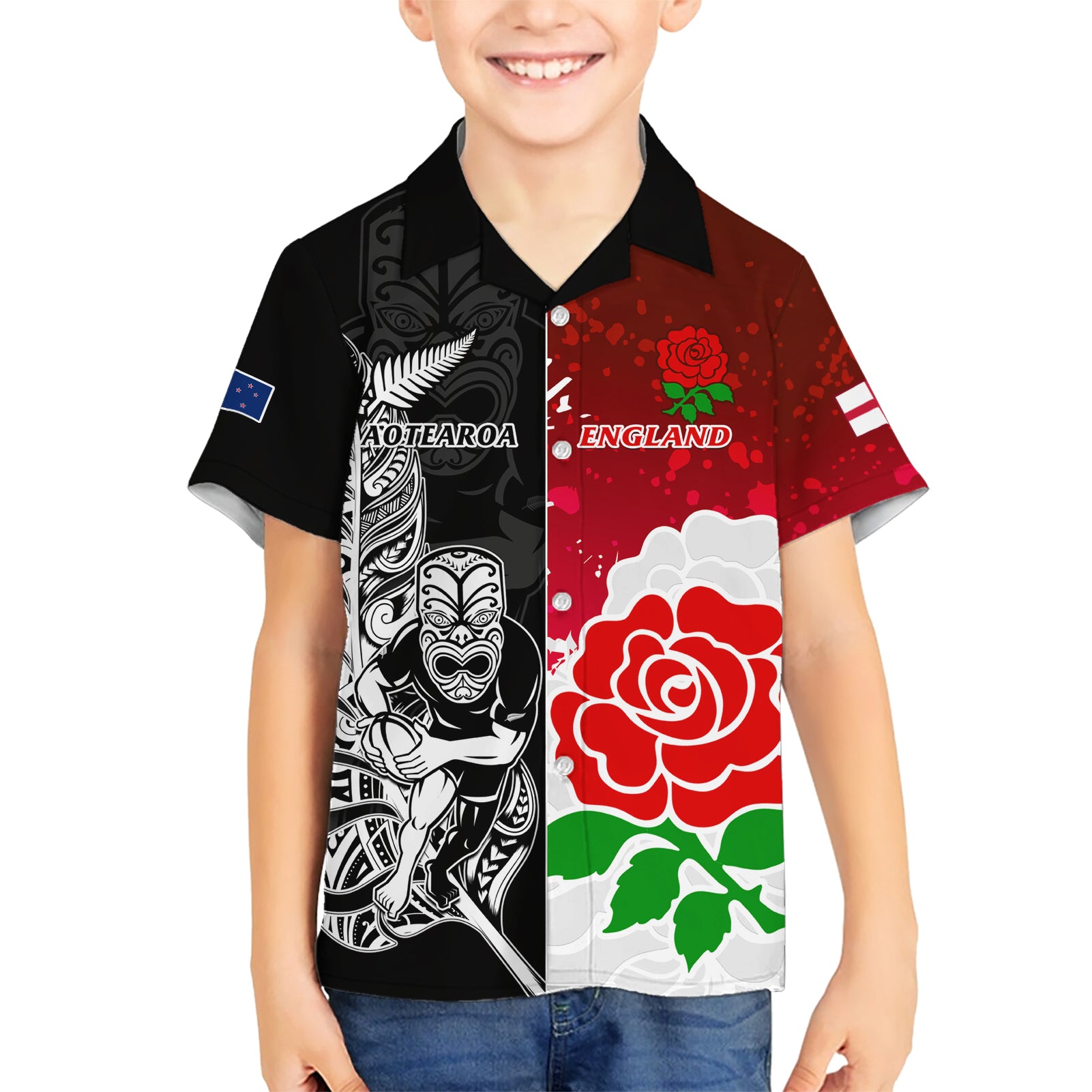 New Zealand And England Rugby Hawaiian Shirt 2023 World Cup All Black Combine Red Roses - Vibe Hoodie Shop