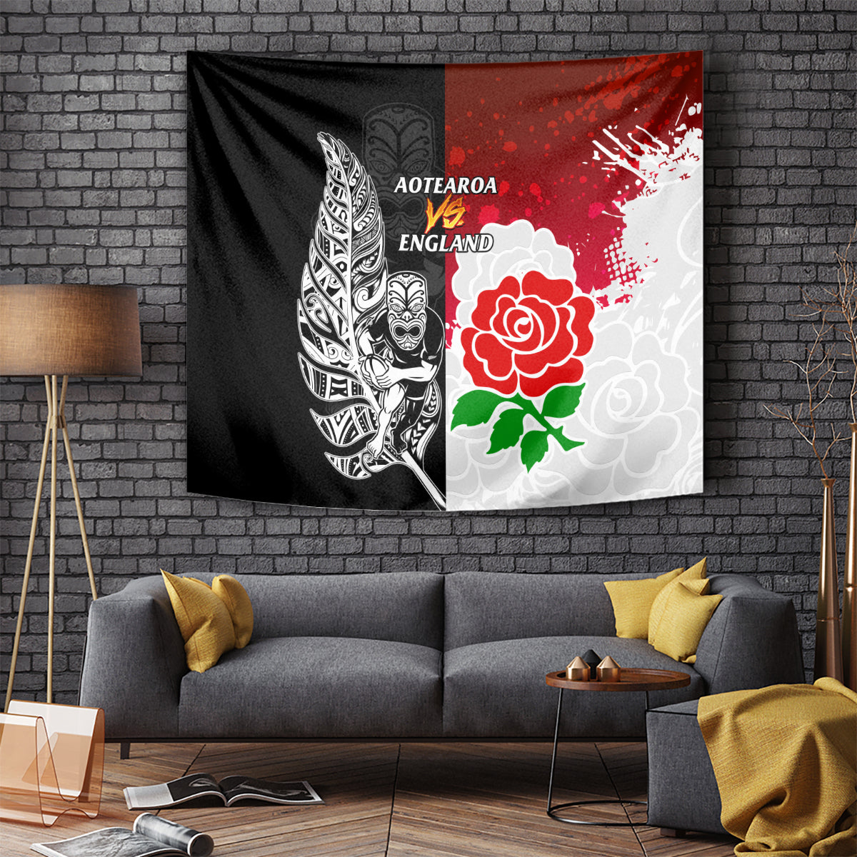 New Zealand And England Rugby Tapestry 2023 World Cup All Black Combine Red Roses - Vibe Hoodie Shop