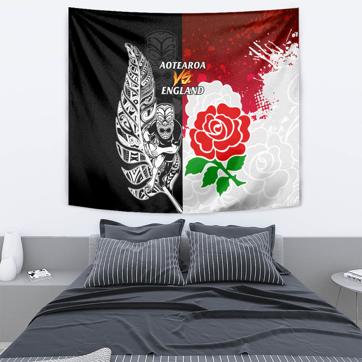 New Zealand And England Rugby Tapestry 2023 World Cup All Black Combine Red Roses - Vibe Hoodie Shop