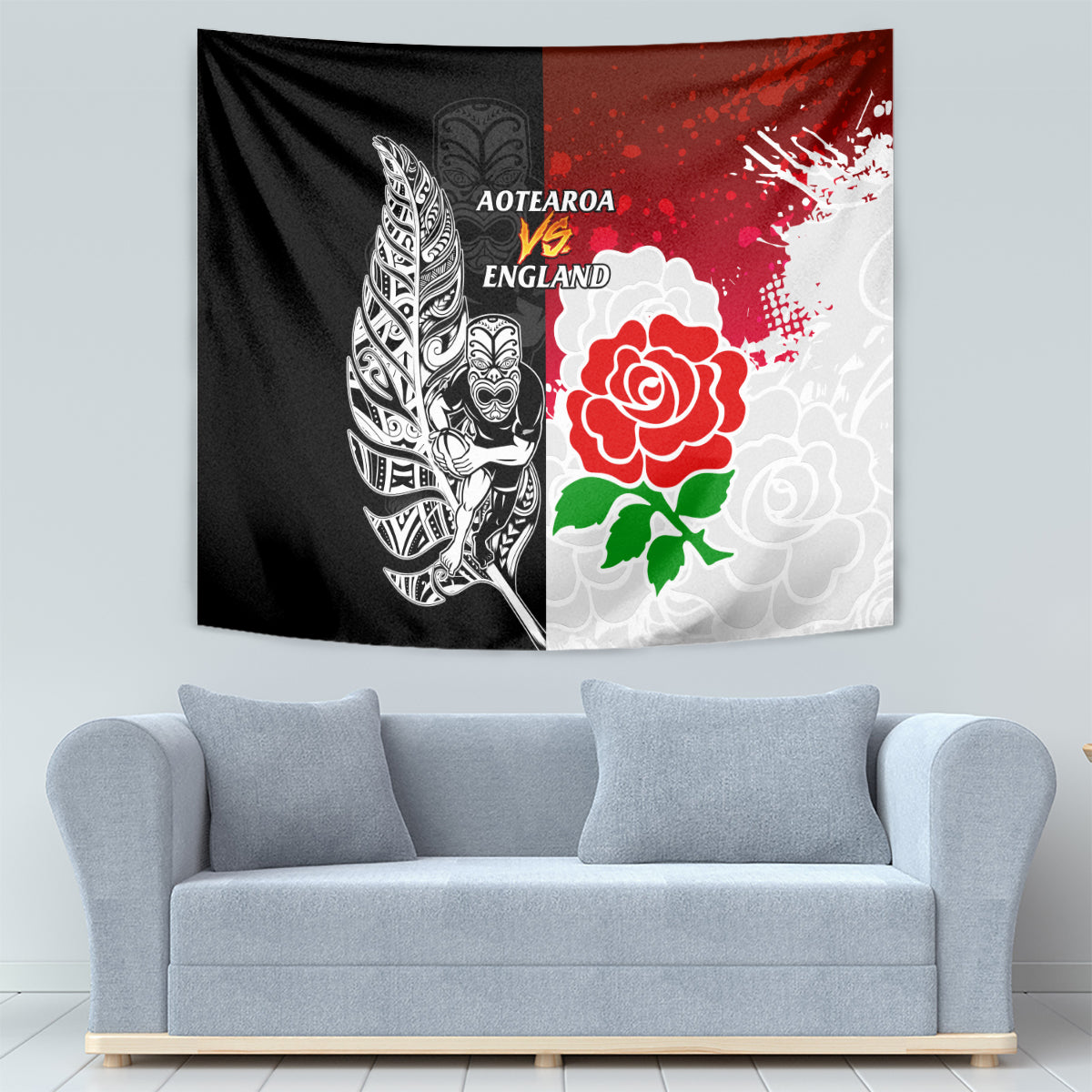 New Zealand And England Rugby Tapestry 2023 World Cup All Black Combine Red Roses - Vibe Hoodie Shop