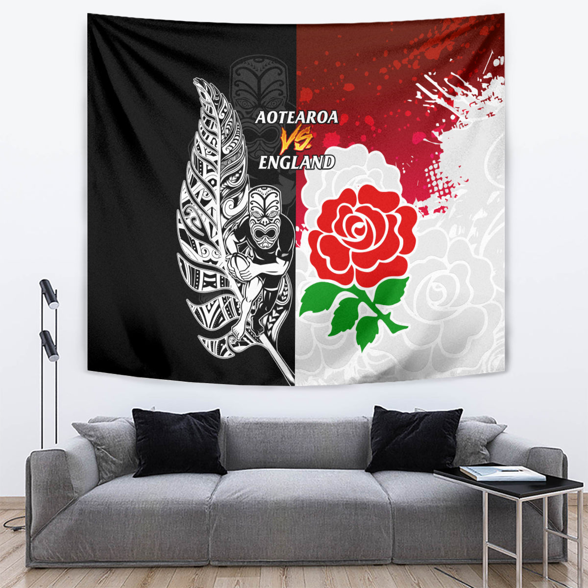 New Zealand And England Rugby Tapestry 2023 World Cup All Black Combine Red Roses - Vibe Hoodie Shop