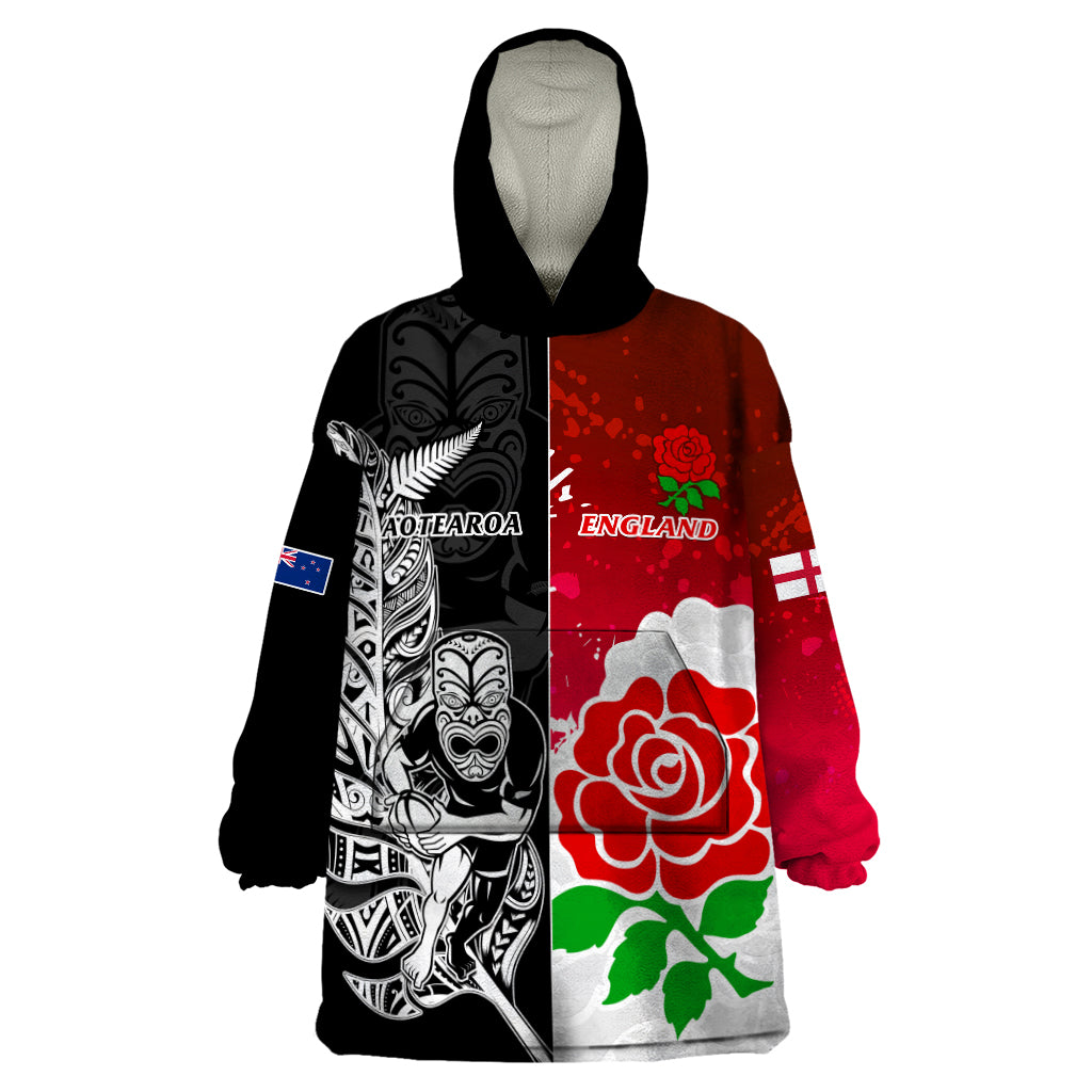 New Zealand And England Rugby Wearable Blanket Hoodie 2023 World Cup All Black Combine Red Roses - Vibe Hoodie Shop