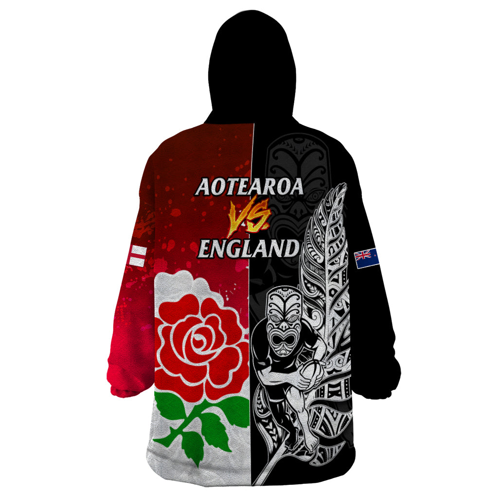 New Zealand And England Rugby Wearable Blanket Hoodie 2023 World Cup All Black Combine Red Roses - Vibe Hoodie Shop