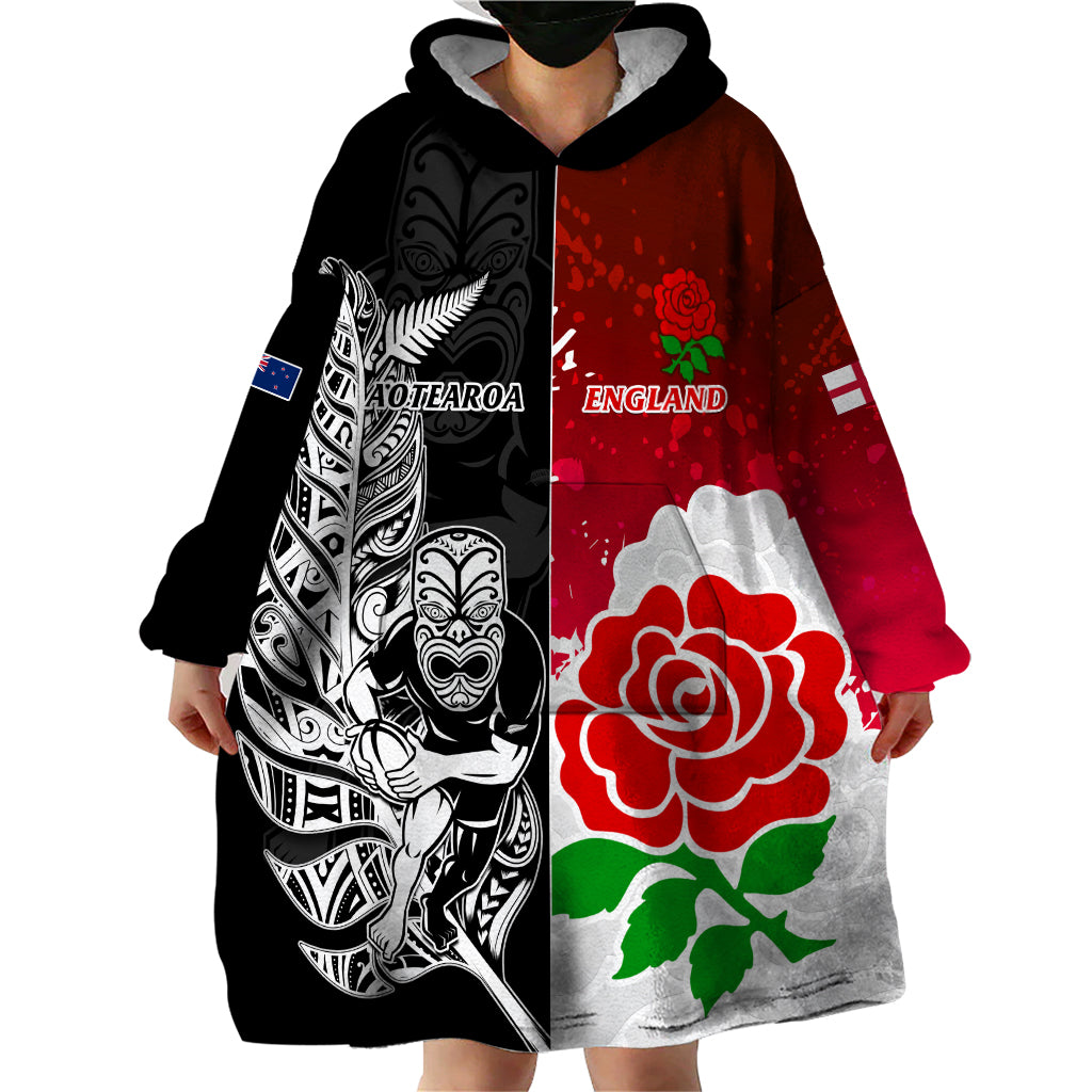 New Zealand And England Rugby Wearable Blanket Hoodie 2023 World Cup All Black Combine Red Roses - Vibe Hoodie Shop