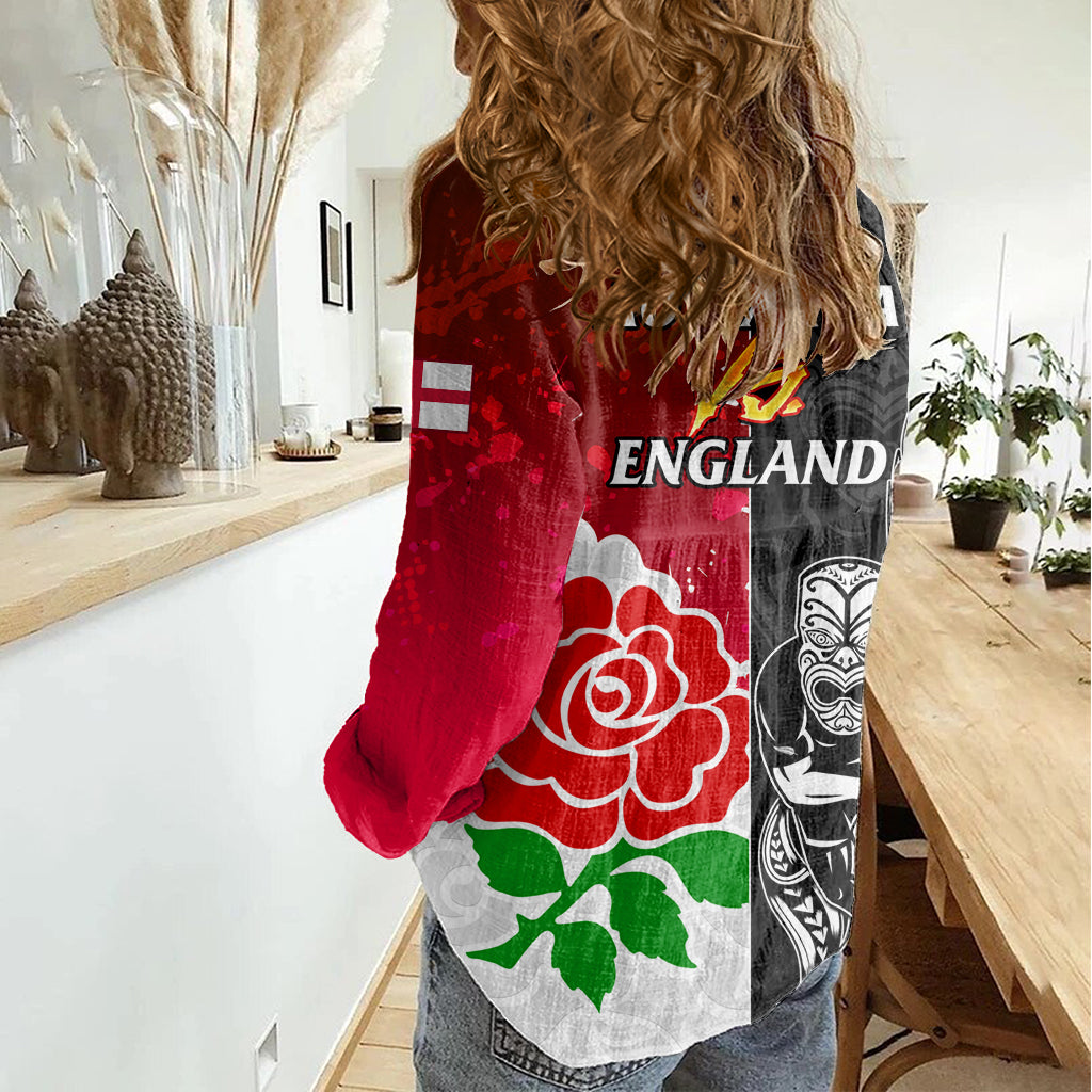 New Zealand And England Rugby Women Casual Shirt 2023 World Cup All Black Combine Red Roses - Vibe Hoodie Shop