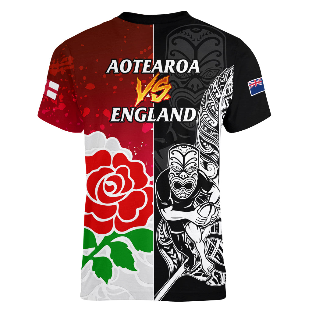 New Zealand And England Rugby Women V Neck T Shirt 2023 World Cup All Black Combine Red Roses - Vibe Hoodie Shop