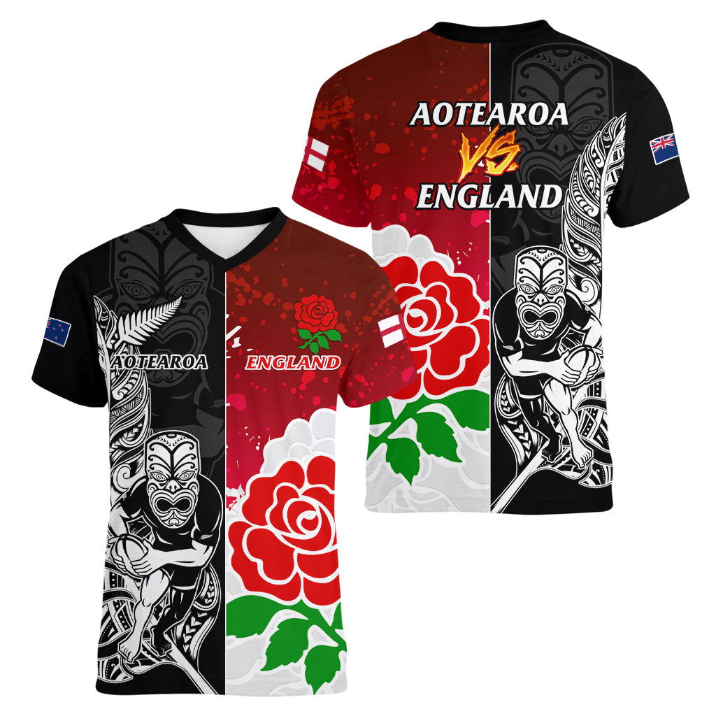 New Zealand And England Rugby Women V Neck T Shirt 2023 World Cup All Black Combine Red Roses - Vibe Hoodie Shop