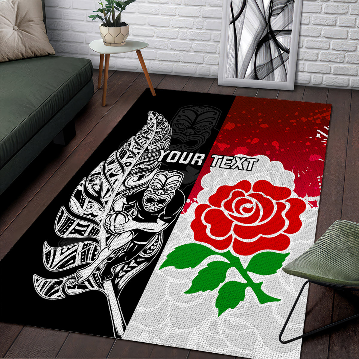 Custom New Zealand And England Rugby Area Rug 2023 World Cup All Black Combine Red Roses - Vibe Hoodie Shop