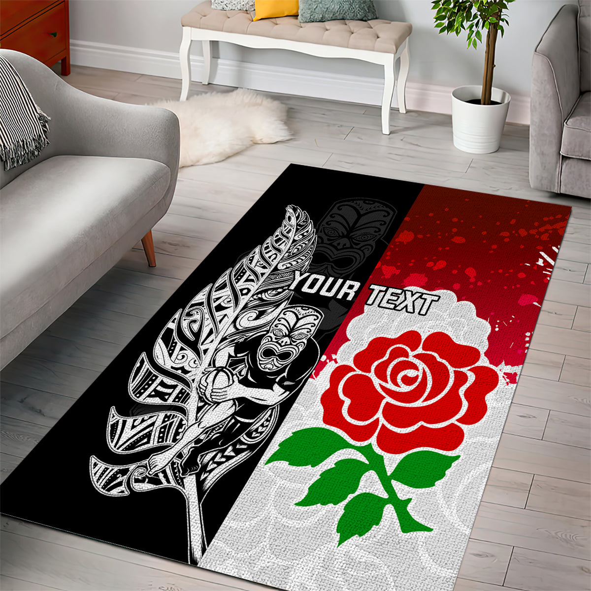 Custom New Zealand And England Rugby Area Rug 2023 World Cup All Black Combine Red Roses - Vibe Hoodie Shop