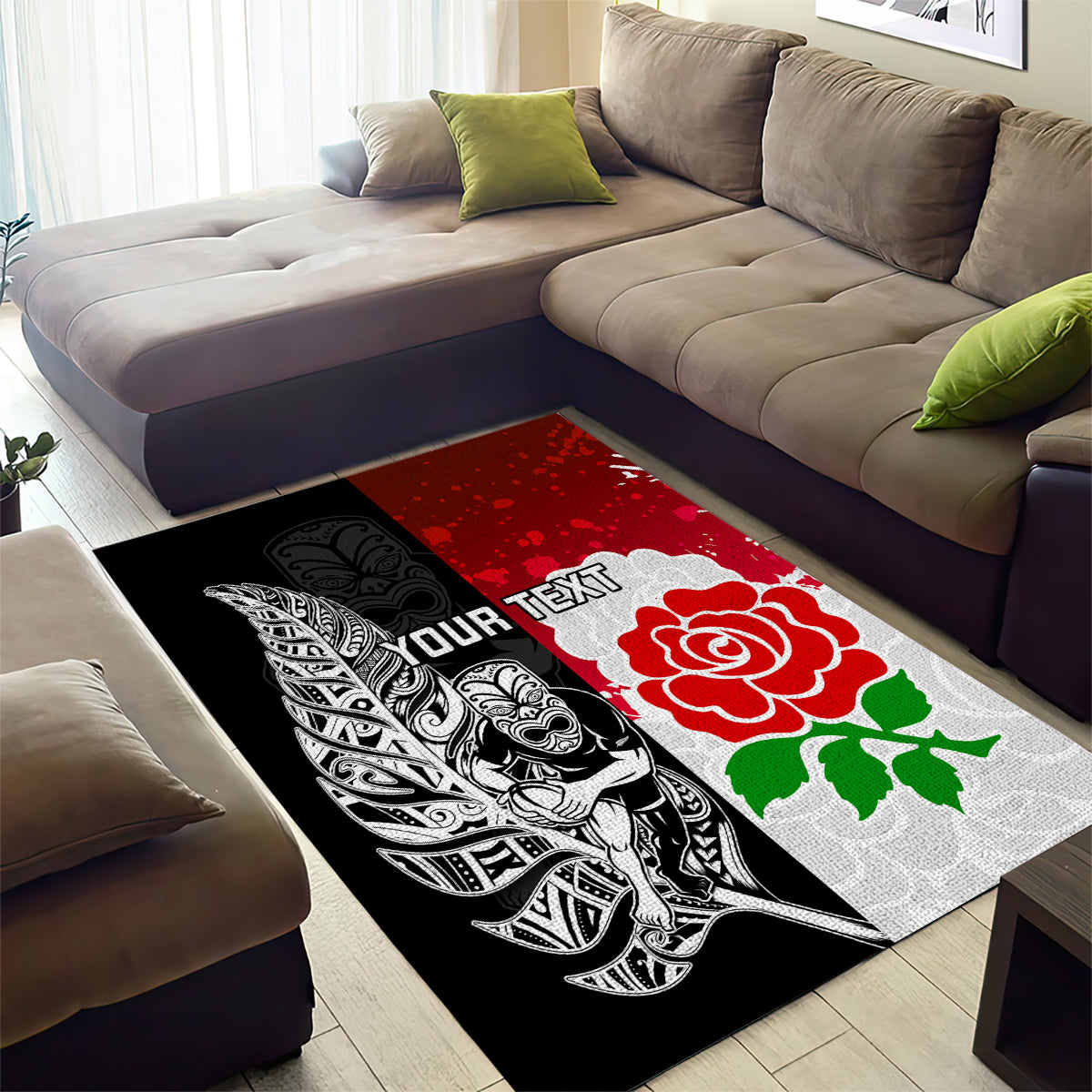 Custom New Zealand And England Rugby Area Rug 2023 World Cup All Black Combine Red Roses - Vibe Hoodie Shop