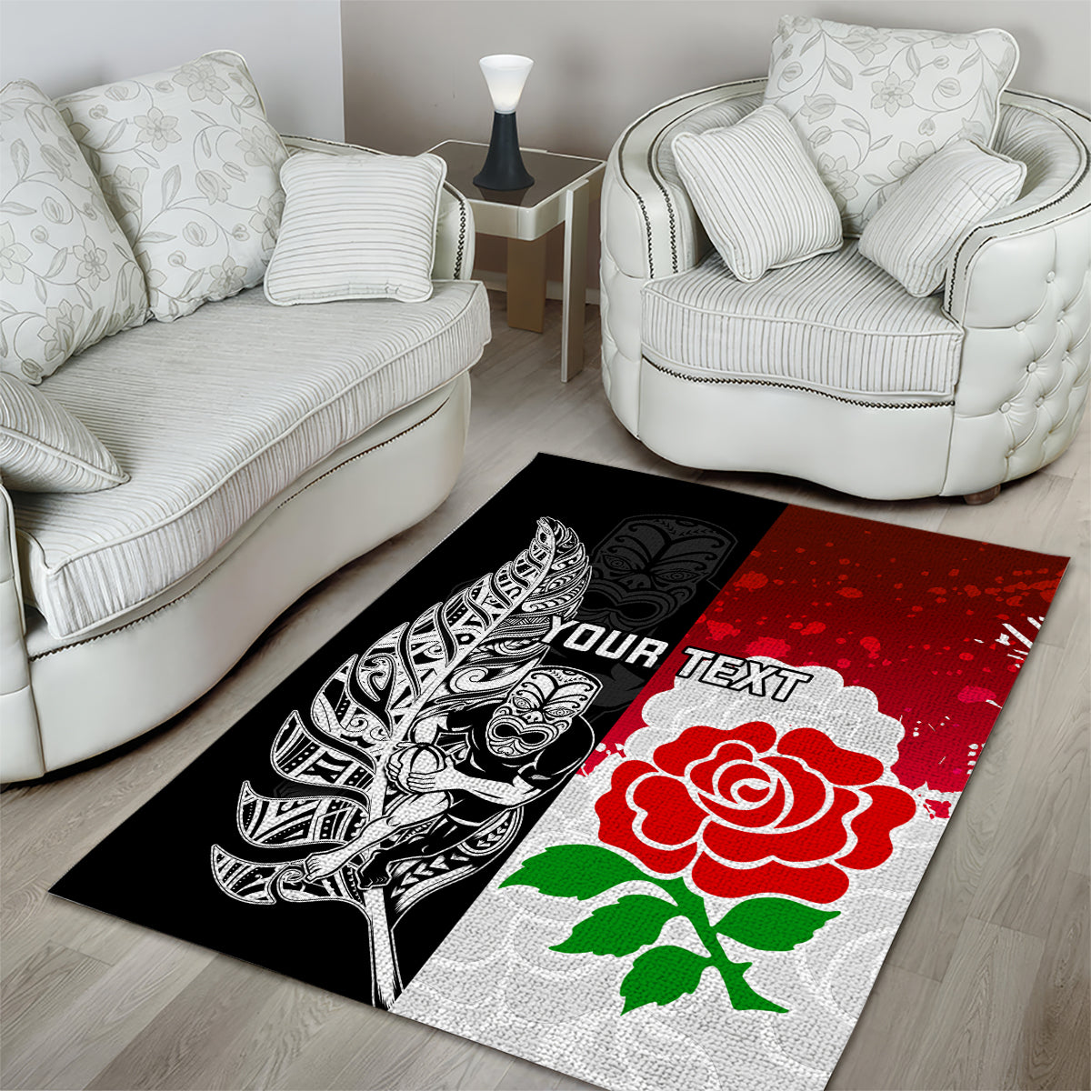 Custom New Zealand And England Rugby Area Rug 2023 World Cup All Black Combine Red Roses - Vibe Hoodie Shop