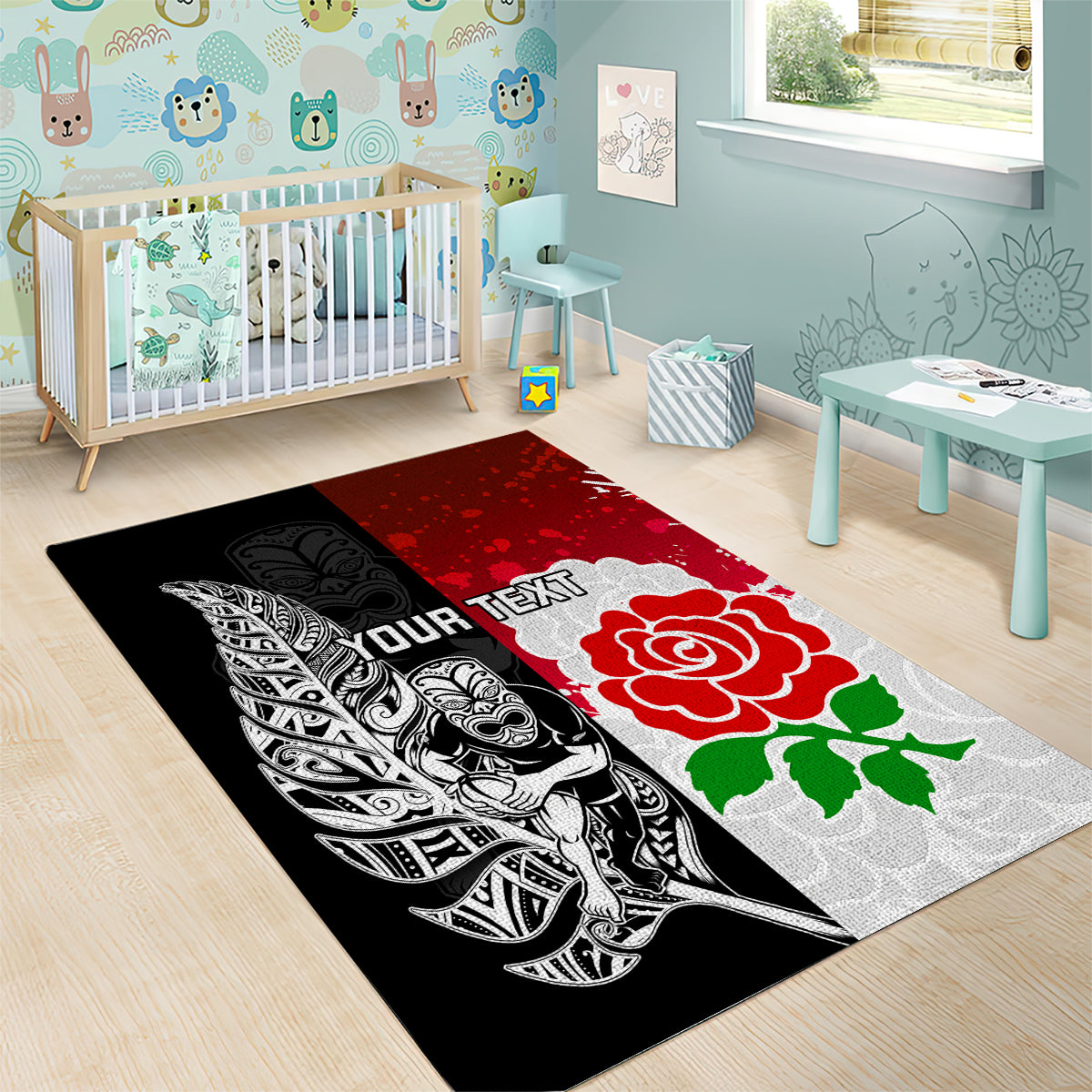 Custom New Zealand And England Rugby Area Rug 2023 World Cup All Black Combine Red Roses - Vibe Hoodie Shop