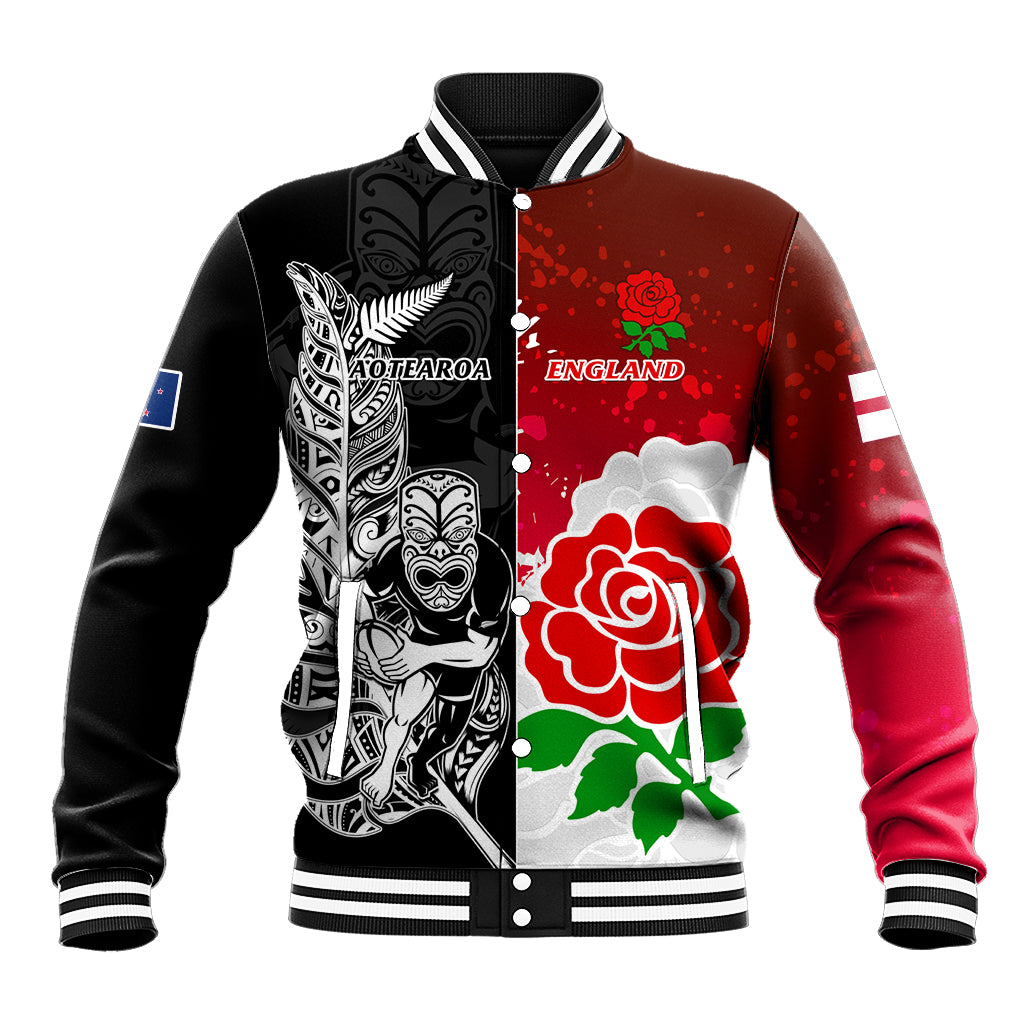 Custom New Zealand And England Rugby Baseball Jacket 2023 World Cup All Black Combine Red Roses - Vibe Hoodie Shop