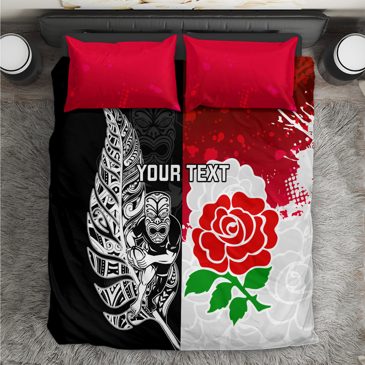 Custom New Zealand And England Rugby Bedding Set 2023 World Cup All Black Combine Red Roses - Vibe Hoodie Shop