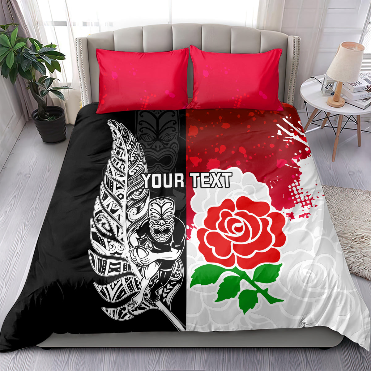 Custom New Zealand And England Rugby Bedding Set 2023 World Cup All Black Combine Red Roses - Vibe Hoodie Shop