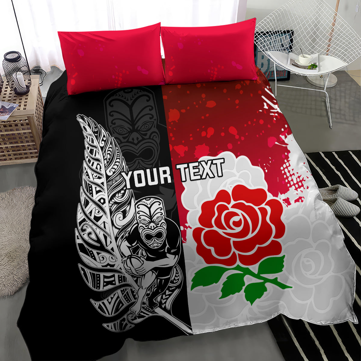 Custom New Zealand And England Rugby Bedding Set 2023 World Cup All Black Combine Red Roses - Vibe Hoodie Shop