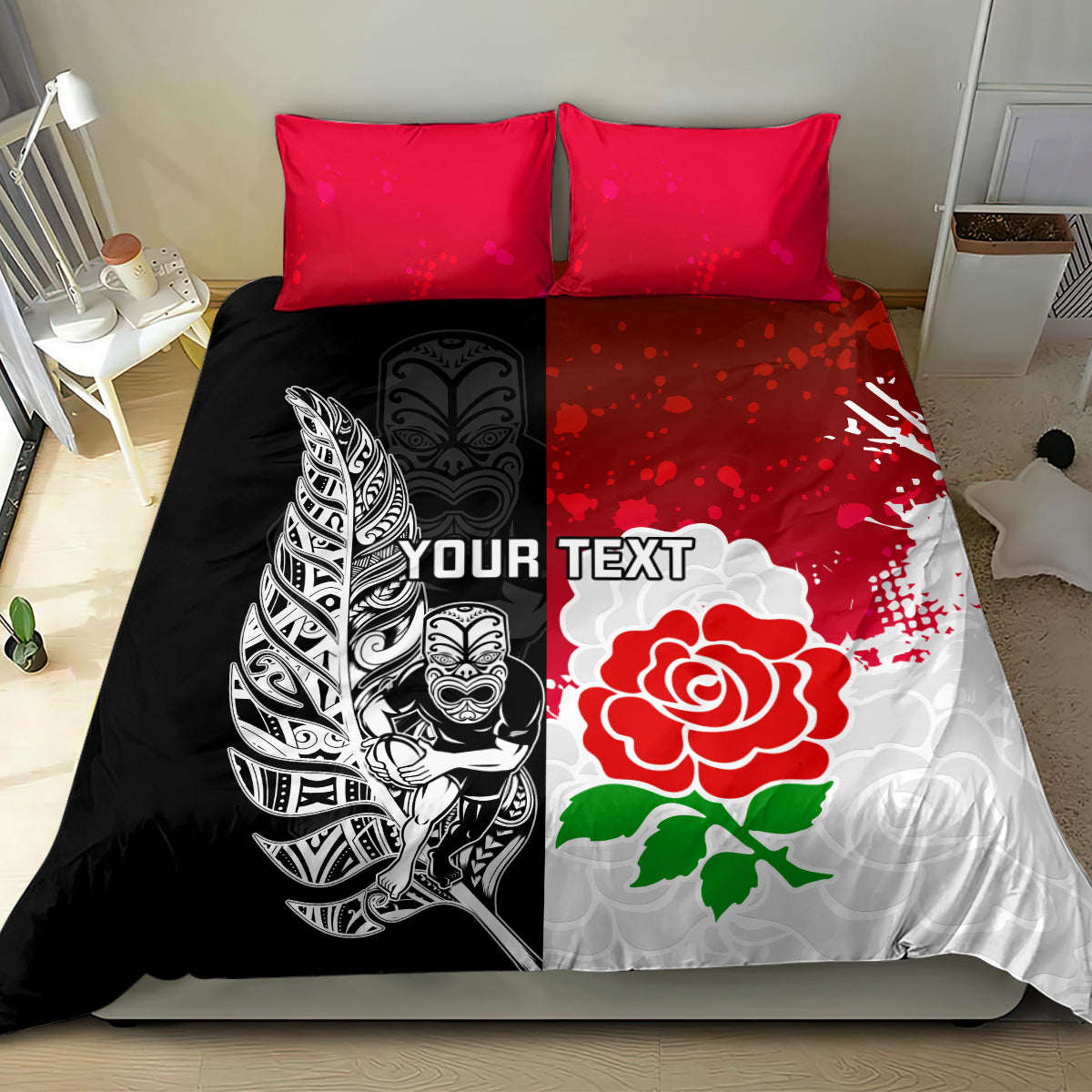 Custom New Zealand And England Rugby Bedding Set 2023 World Cup All Black Combine Red Roses - Vibe Hoodie Shop