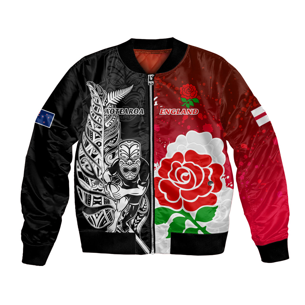 Custom New Zealand And England Rugby Bomber Jacket 2023 World Cup All Black Combine Red Roses - Vibe Hoodie Shop