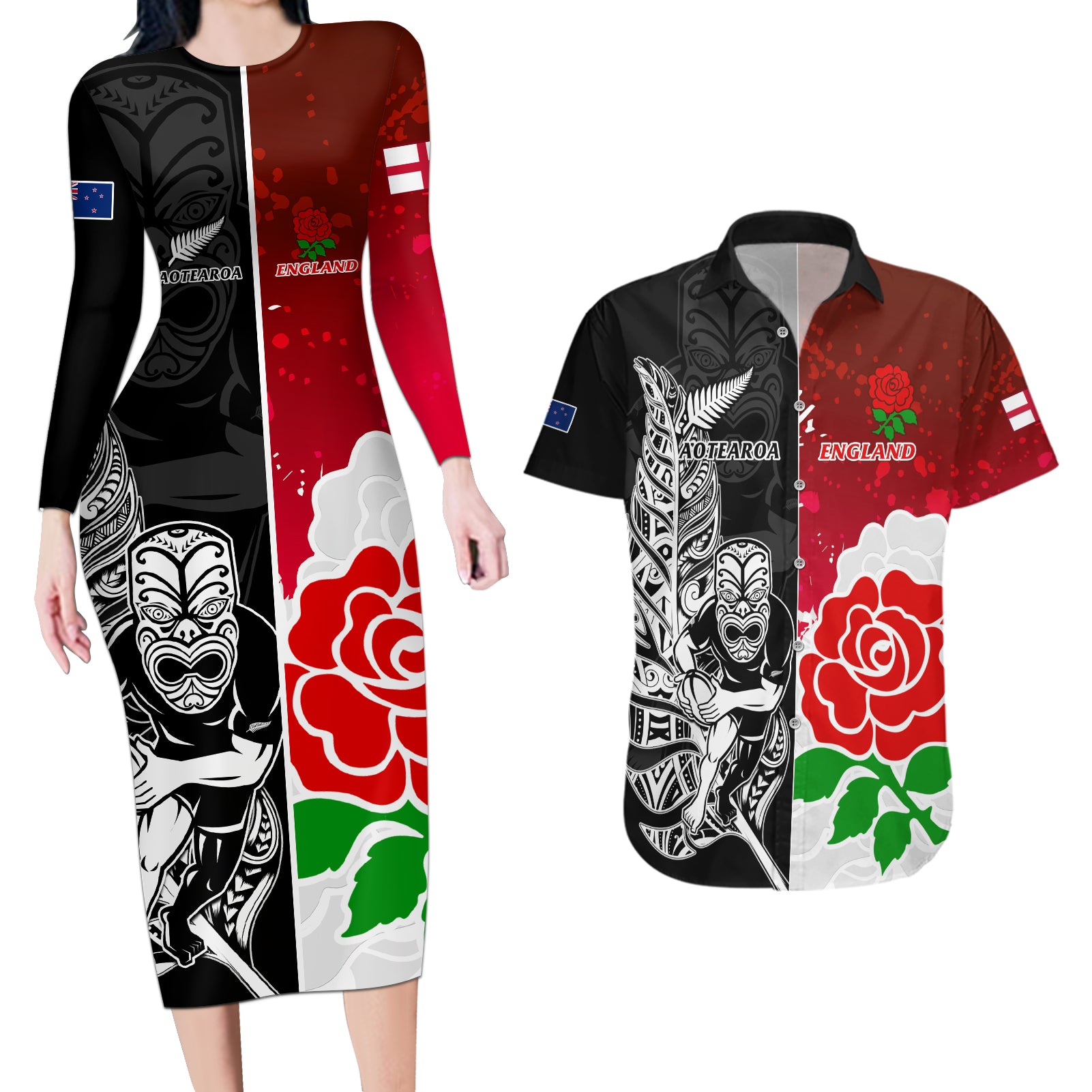 custom-new-zealand-and-england-rugby-couples-matching-long-sleeve-bodycon-dress-and-hawaiian-shirt-2023-world-cup-all-black-combine-red-roses