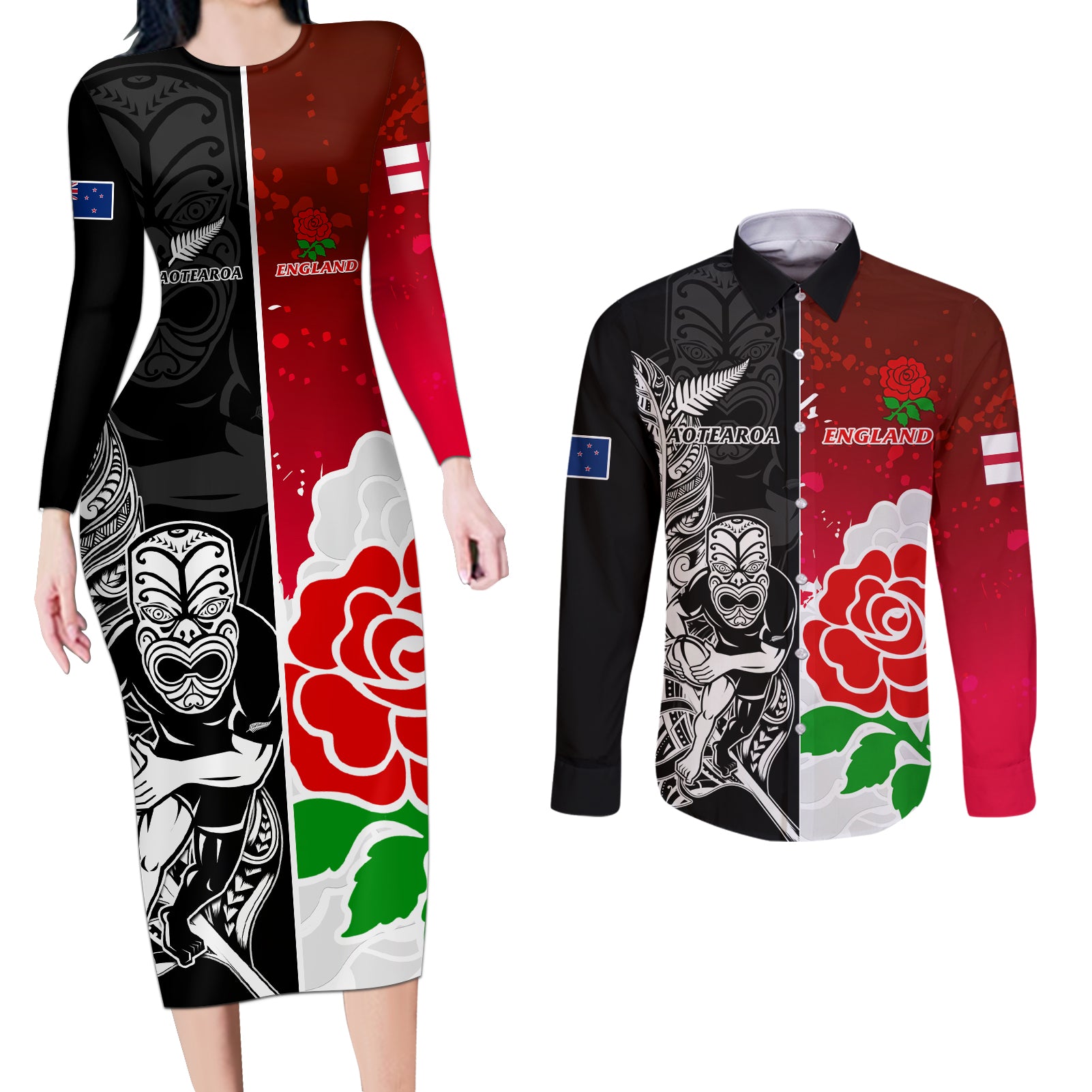 custom-new-zealand-and-england-rugby-couples-matching-long-sleeve-bodycon-dress-and-long-sleeve-button-shirt-2023-world-cup-all-black-combine-red-roses