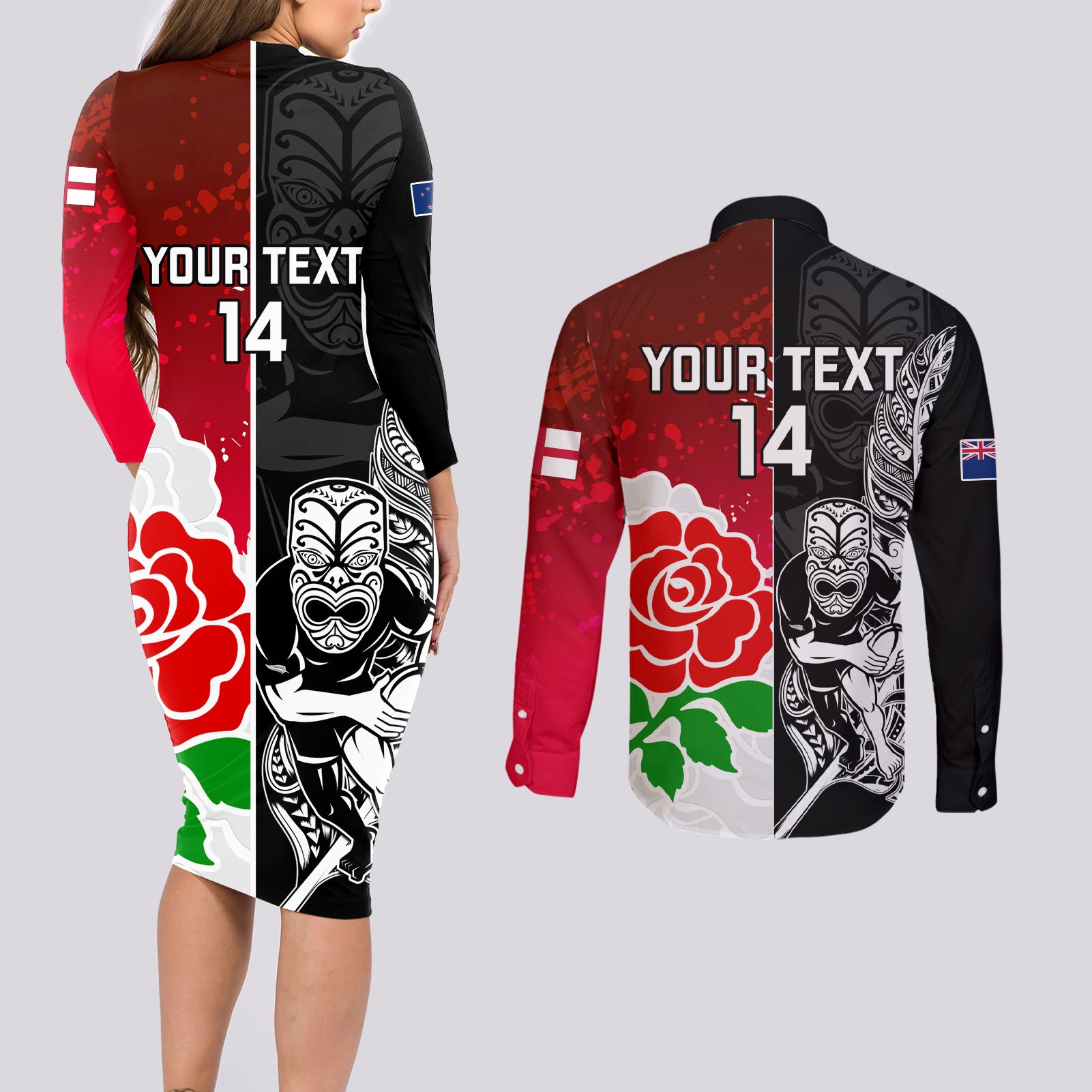 custom-new-zealand-and-england-rugby-couples-matching-long-sleeve-bodycon-dress-and-long-sleeve-button-shirt-2023-world-cup-all-black-combine-red-roses