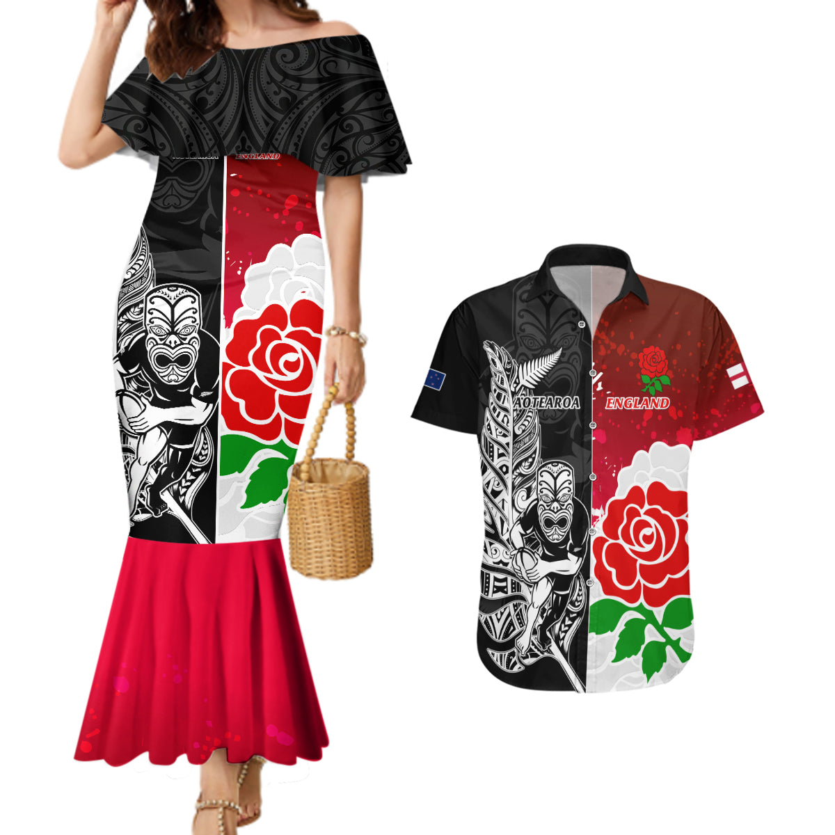 custom-new-zealand-and-england-rugby-couples-matching-mermaid-dress-and-hawaiian-shirt-2023-world-cup-all-black-combine-red-roses