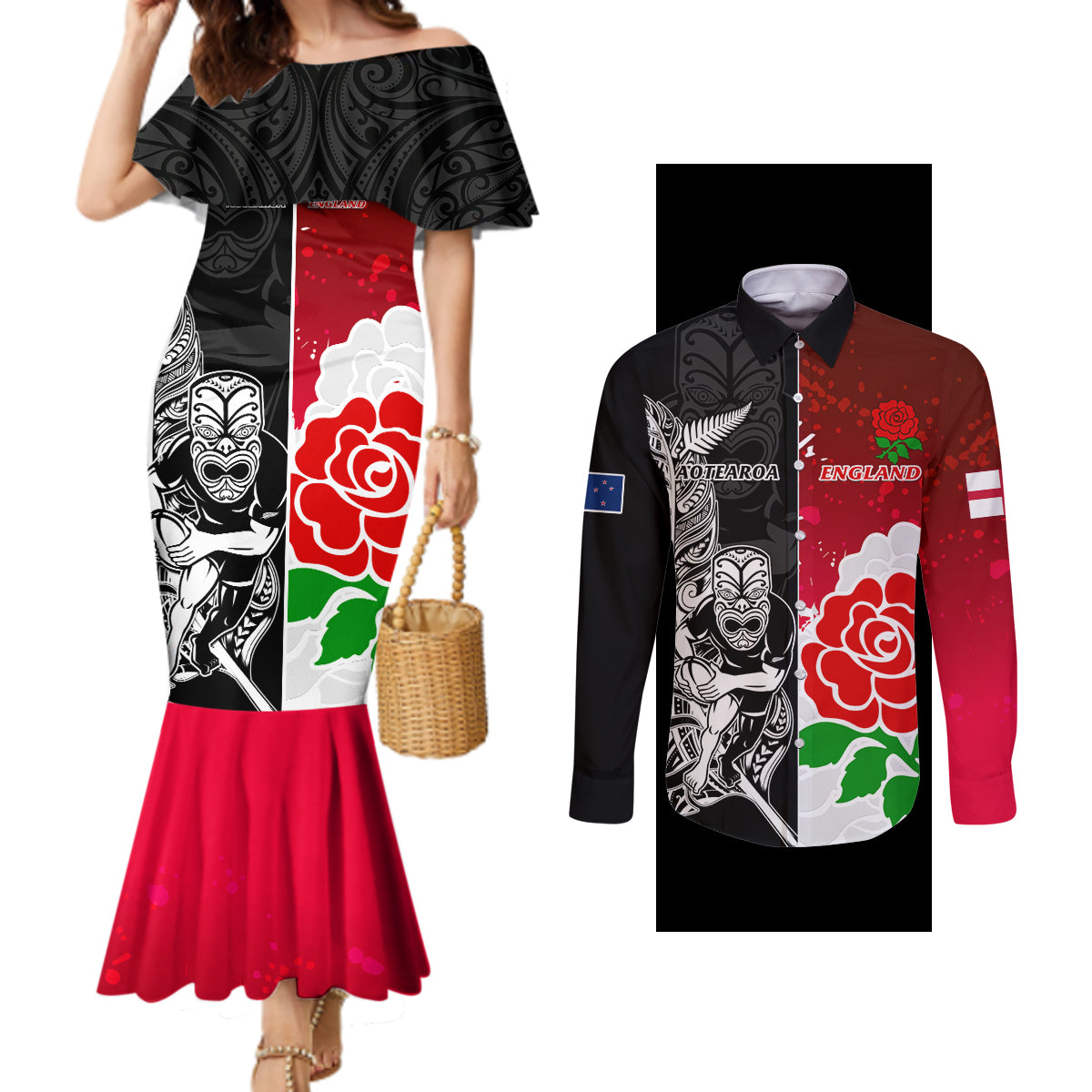 custom-new-zealand-and-england-rugby-couples-matching-mermaid-dress-and-long-sleeve-button-shirt-2023-world-cup-all-black-combine-red-roses