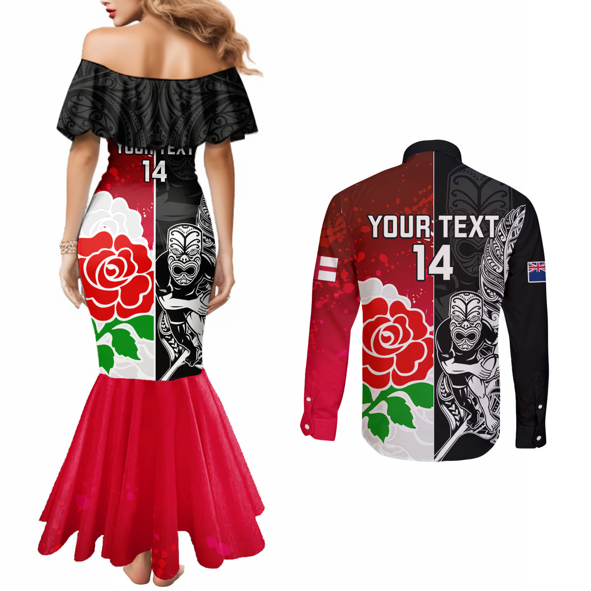 custom-new-zealand-and-england-rugby-couples-matching-mermaid-dress-and-long-sleeve-button-shirt-2023-world-cup-all-black-combine-red-roses