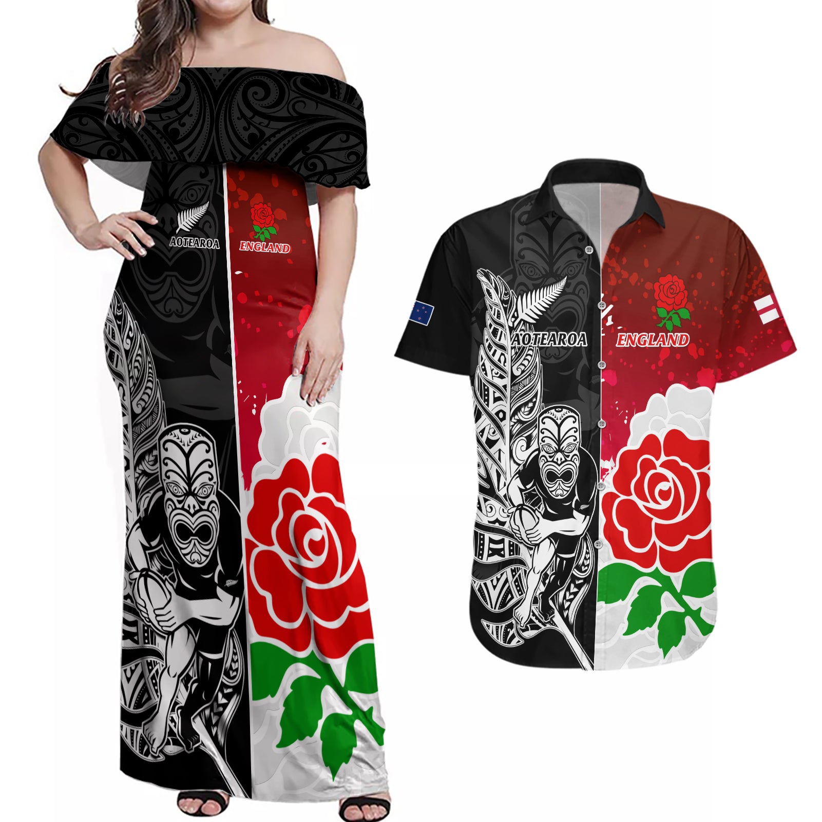 custom-new-zealand-and-england-rugby-couples-matching-off-shoulder-maxi-dress-and-hawaiian-shirt-2023-world-cup-all-black-combine-red-roses