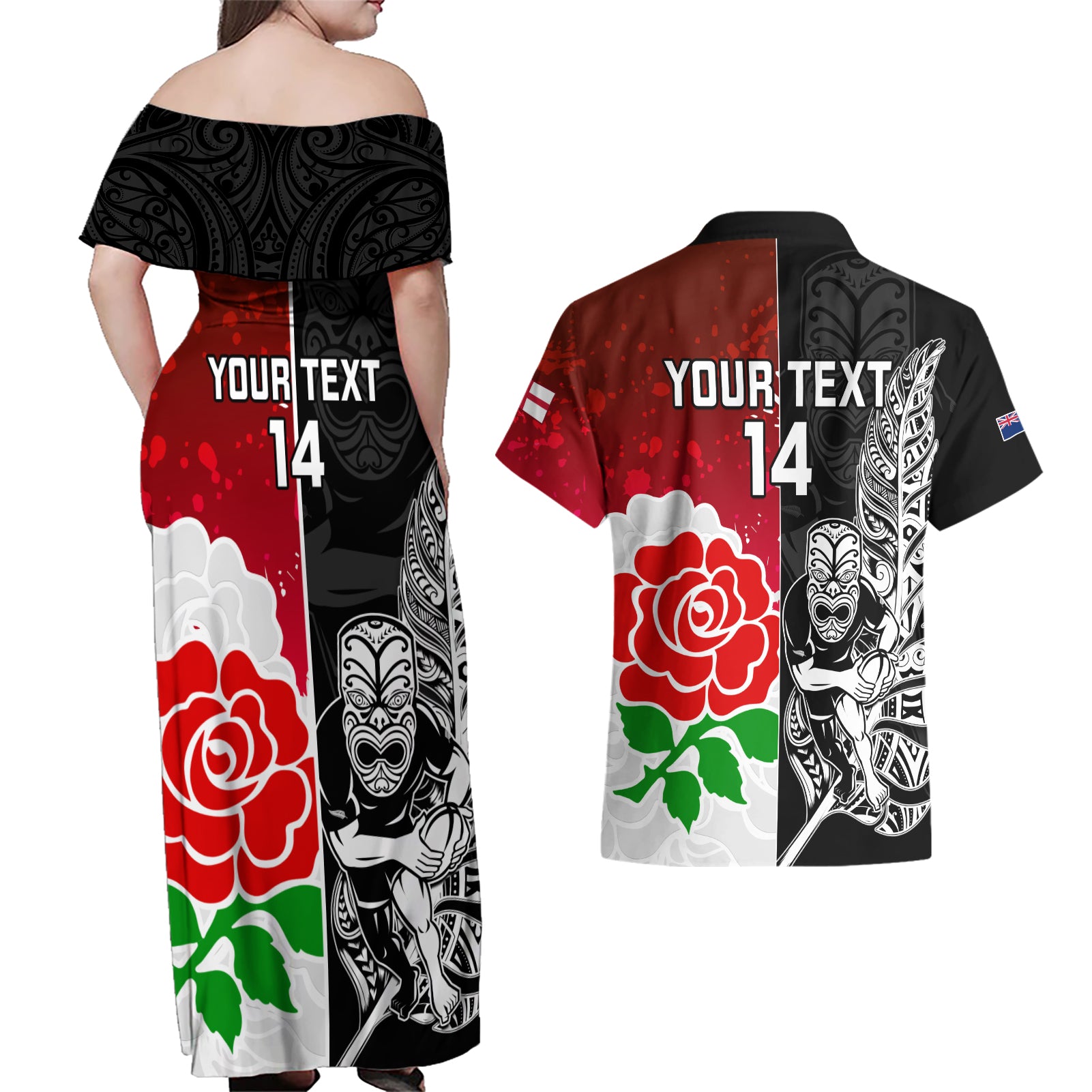 custom-new-zealand-and-england-rugby-couples-matching-off-shoulder-maxi-dress-and-hawaiian-shirt-2023-world-cup-all-black-combine-red-roses