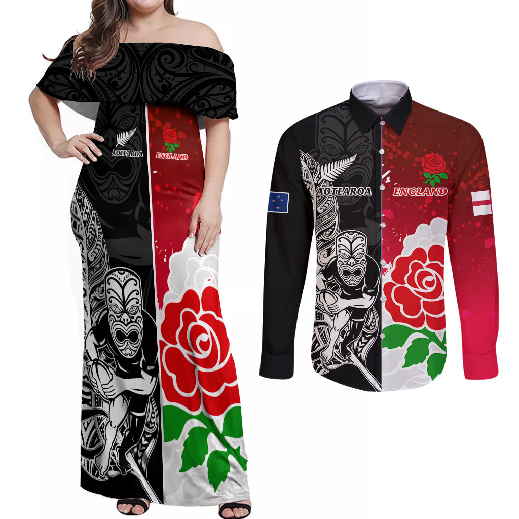 custom-new-zealand-and-england-rugby-couples-matching-off-shoulder-maxi-dress-and-long-sleeve-button-shirt-2023-world-cup-all-black-combine-red-roses