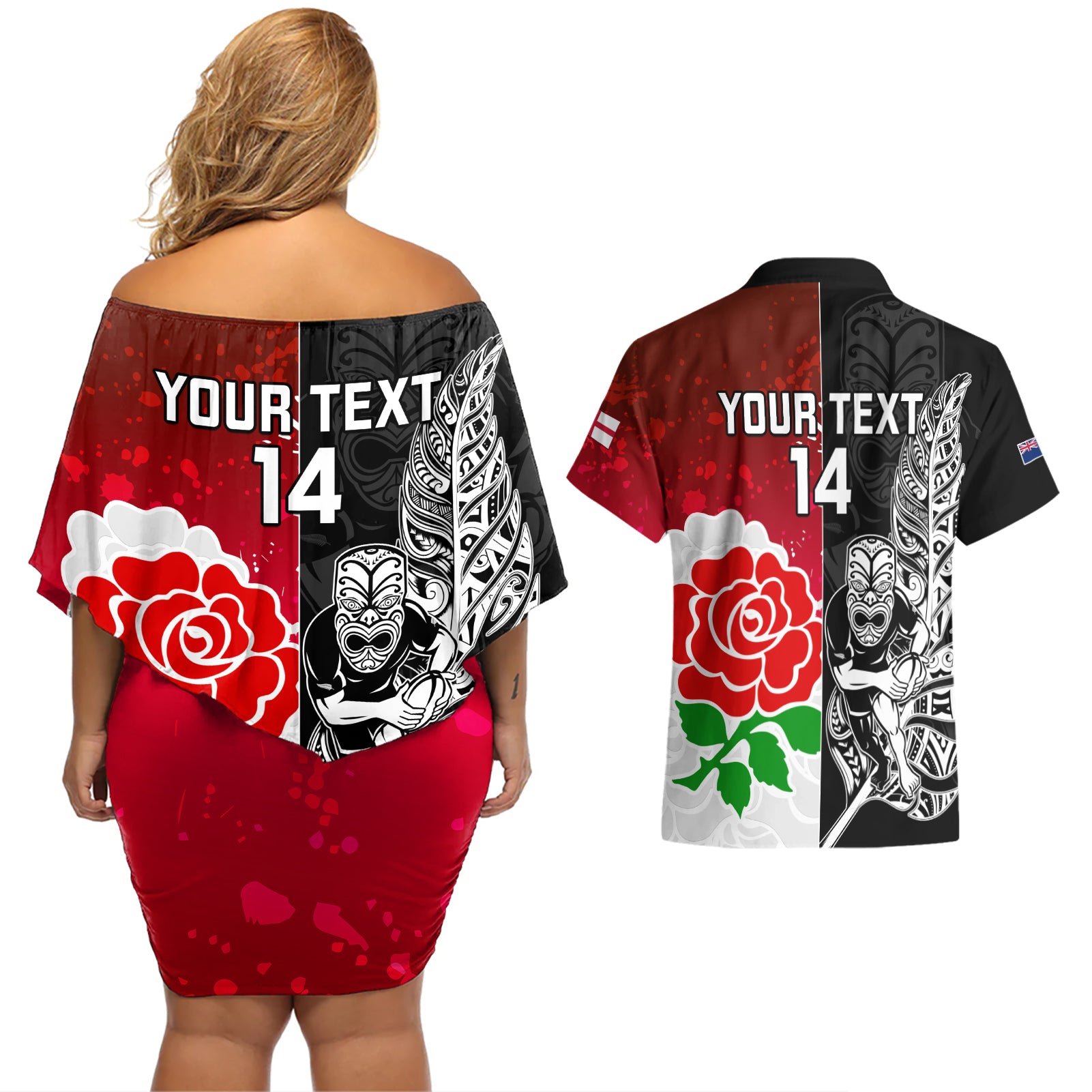 custom-new-zealand-and-england-rugby-couples-matching-off-shoulder-short-dress-and-hawaiian-shirt-2023-world-cup-all-black-combine-red-roses