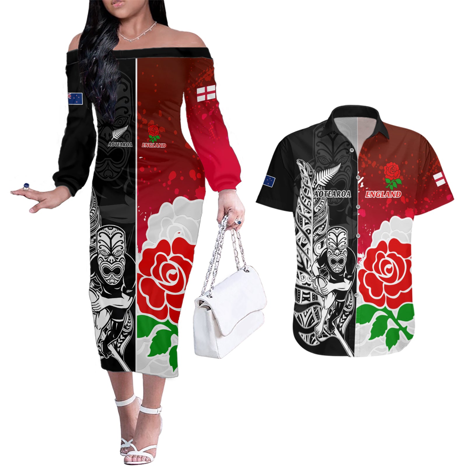 custom-new-zealand-and-england-rugby-couples-matching-off-the-shoulder-long-sleeve-dress-and-hawaiian-shirt-2023-world-cup-all-black-combine-red-roses