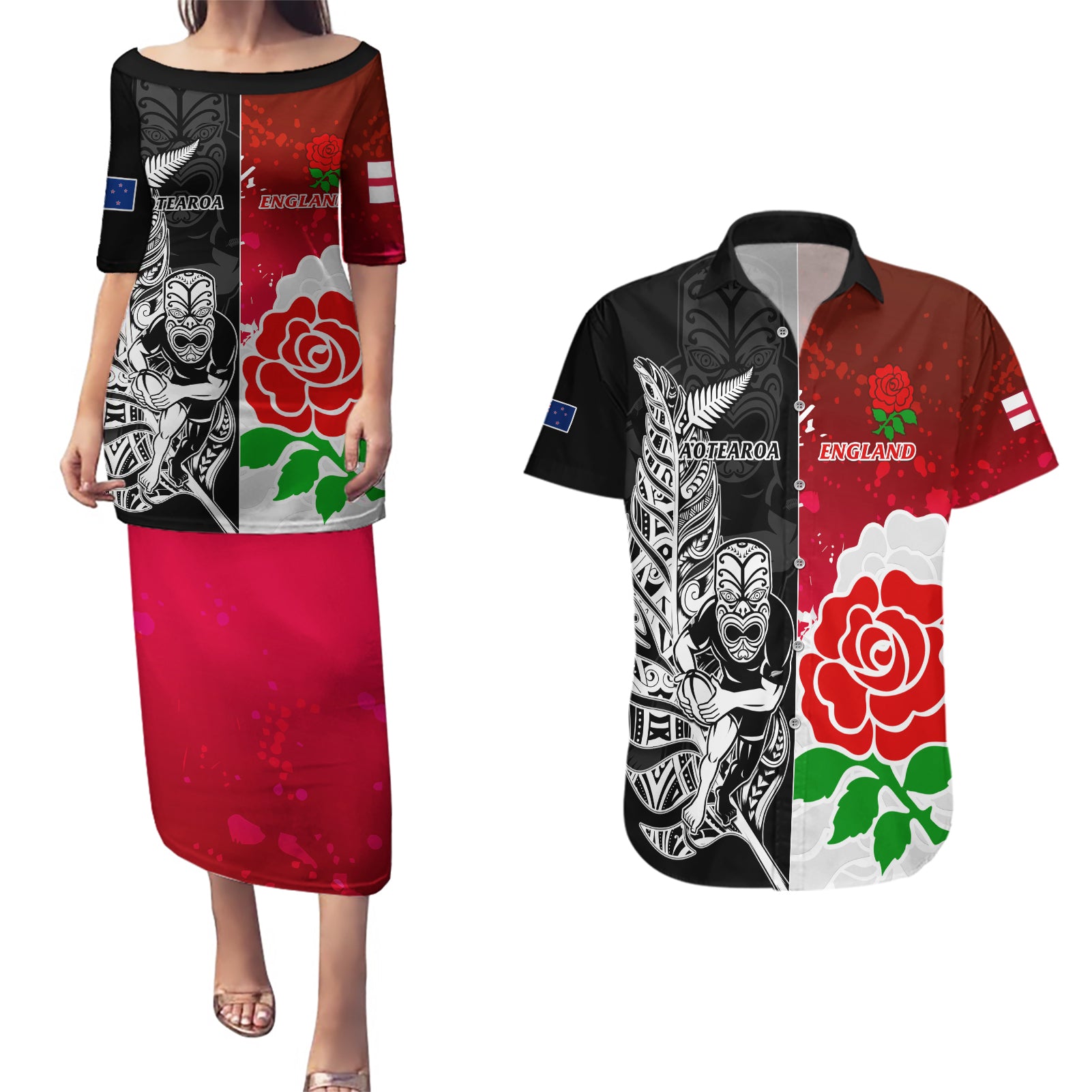 custom-new-zealand-and-england-rugby-couples-matching-puletasi-dress-and-hawaiian-shirt-2023-world-cup-all-black-combine-red-roses