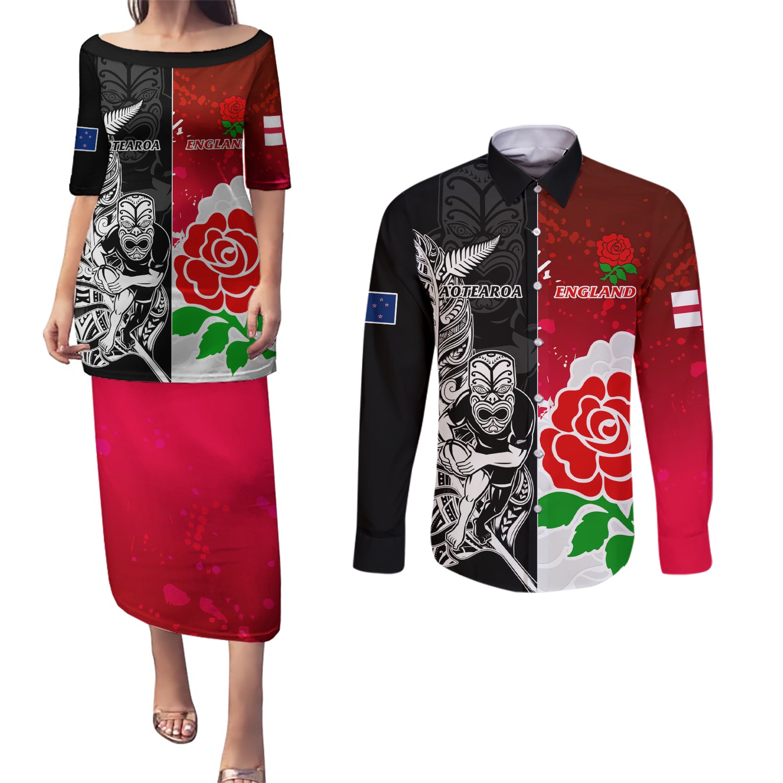 custom-new-zealand-and-england-rugby-couples-matching-puletasi-dress-and-long-sleeve-button-shirt-2023-world-cup-all-black-combine-red-roses