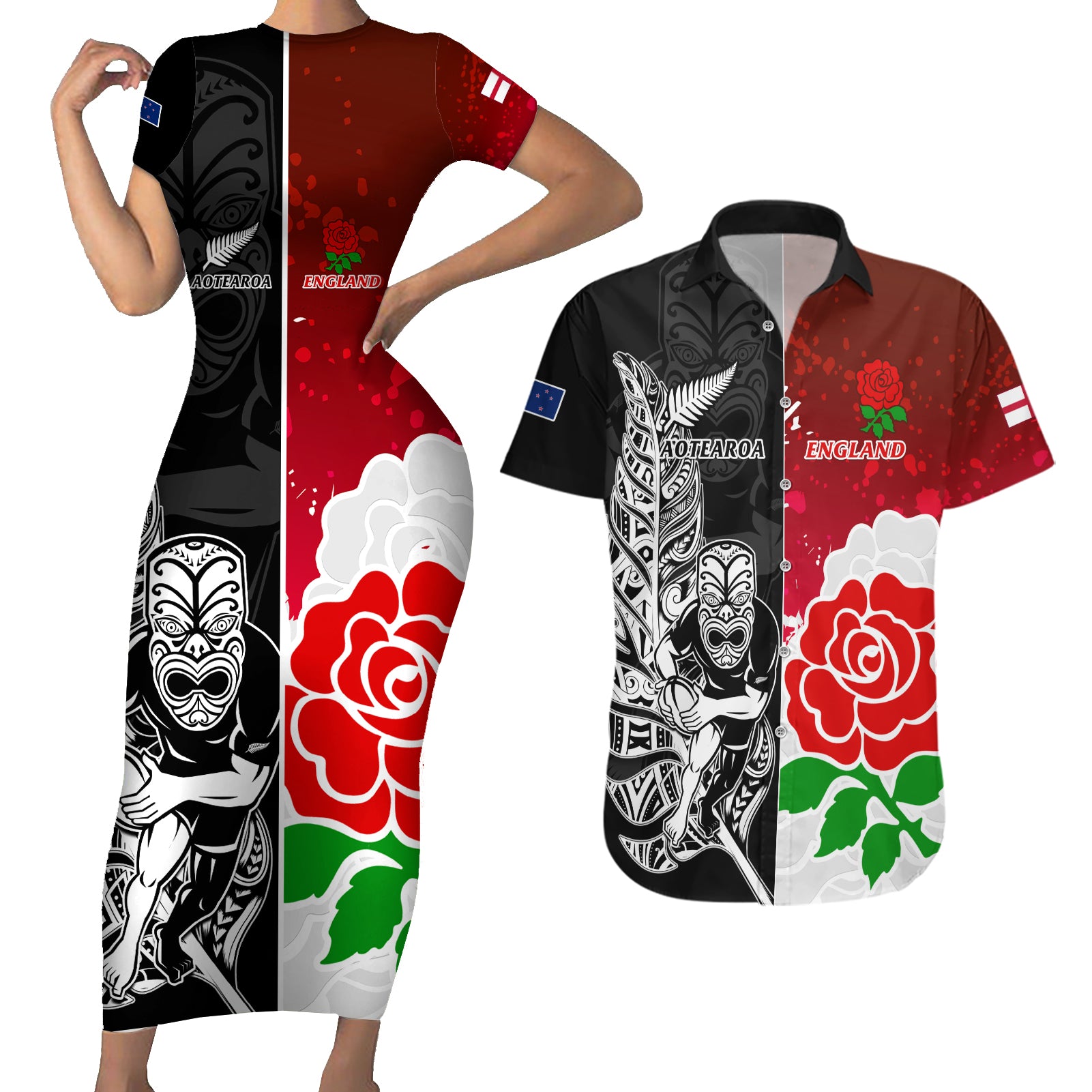 custom-new-zealand-and-england-rugby-couples-matching-short-sleeve-bodycon-dress-and-hawaiian-shirt-2023-world-cup-all-black-combine-red-roses