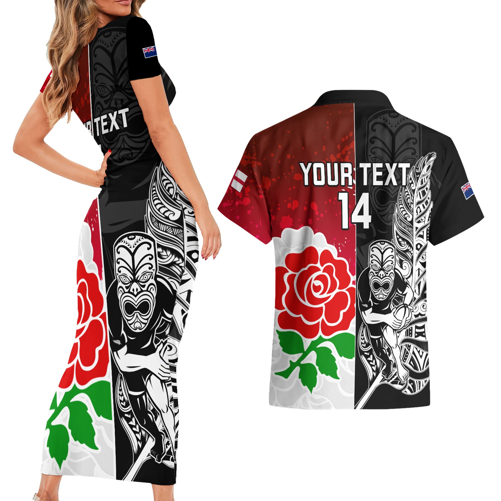 custom-new-zealand-and-england-rugby-couples-matching-short-sleeve-bodycon-dress-and-hawaiian-shirt-2023-world-cup-all-black-combine-red-roses