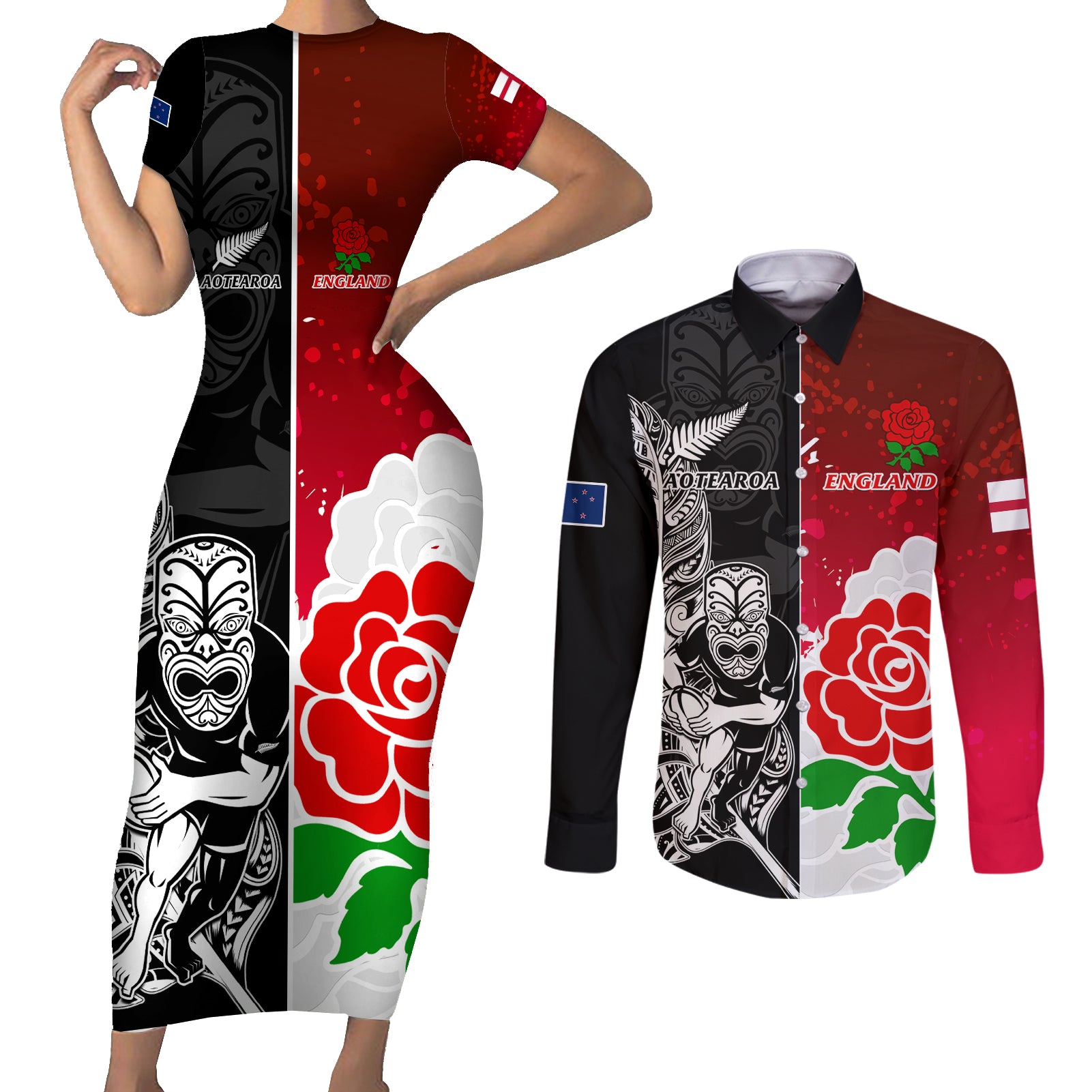 custom-new-zealand-and-england-rugby-couples-matching-short-sleeve-bodycon-dress-and-long-sleeve-button-shirt-2023-world-cup-all-black-combine-red-roses