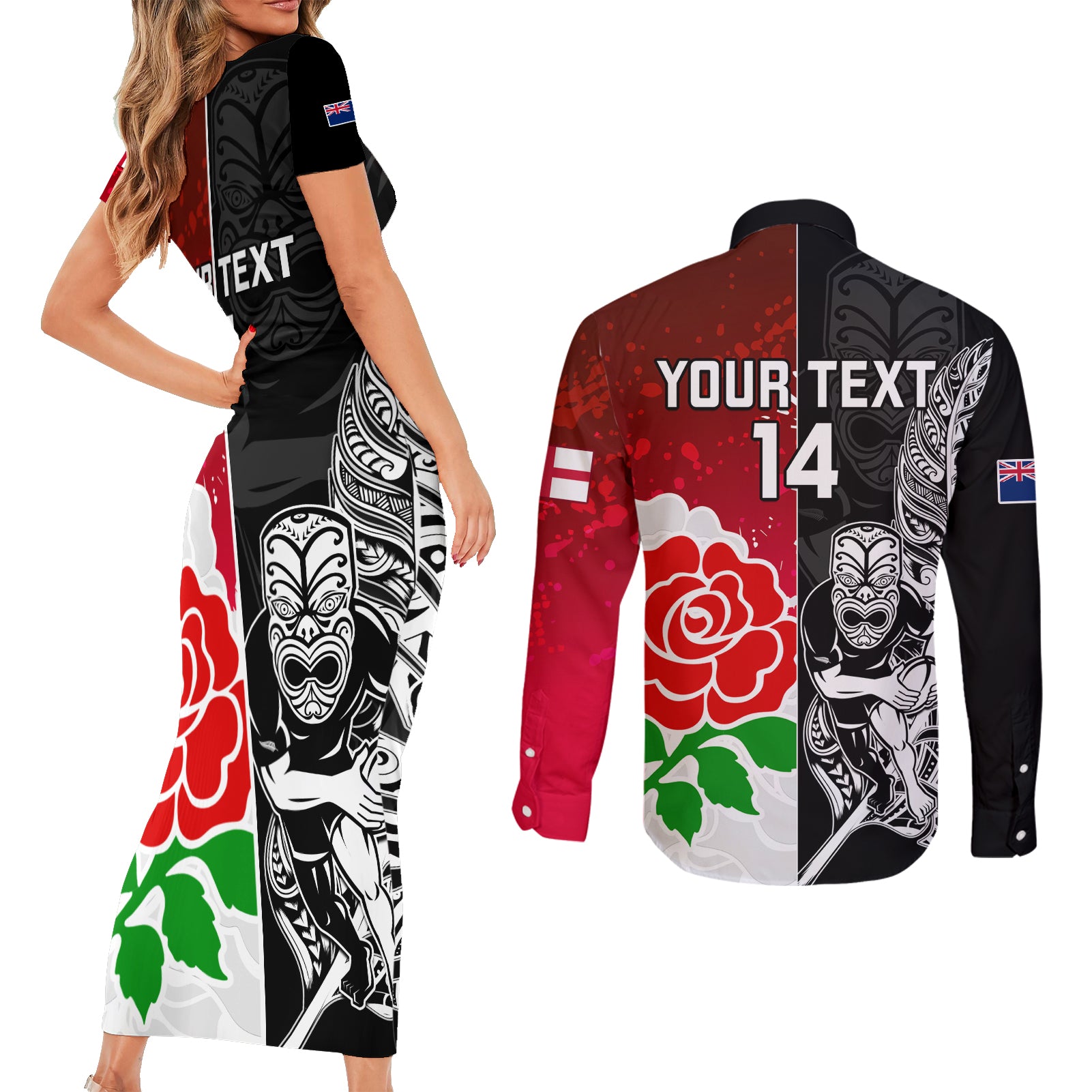 custom-new-zealand-and-england-rugby-couples-matching-short-sleeve-bodycon-dress-and-long-sleeve-button-shirt-2023-world-cup-all-black-combine-red-roses