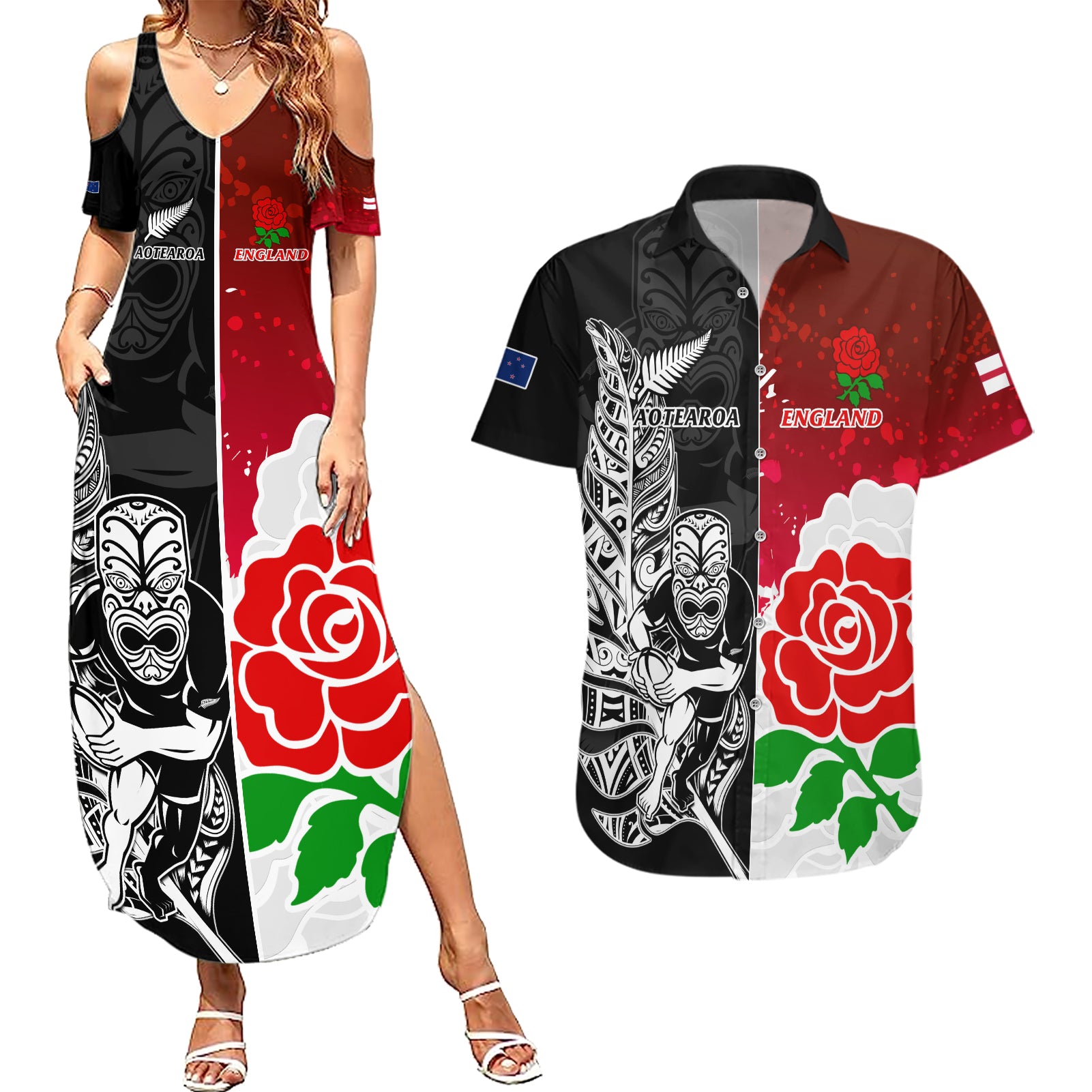 custom-new-zealand-and-england-rugby-couples-matching-summer-maxi-dress-and-hawaiian-shirt-2023-world-cup-all-black-combine-red-roses