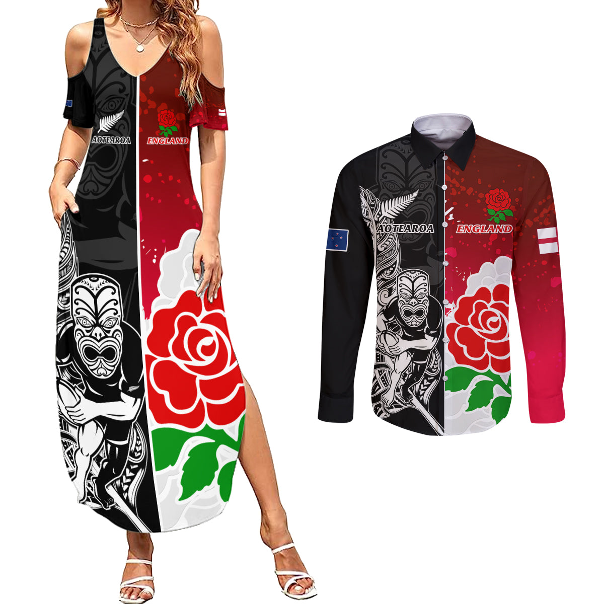 custom-new-zealand-and-england-rugby-couples-matching-summer-maxi-dress-and-long-sleeve-button-shirt-2023-world-cup-all-black-combine-red-roses