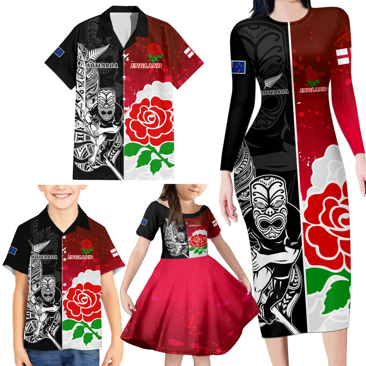 custom-new-zealand-and-england-rugby-family-matching-long-sleeve-bodycon-dress-and-hawaiian-shirt-2023-world-cup-all-black-combine-red-roses