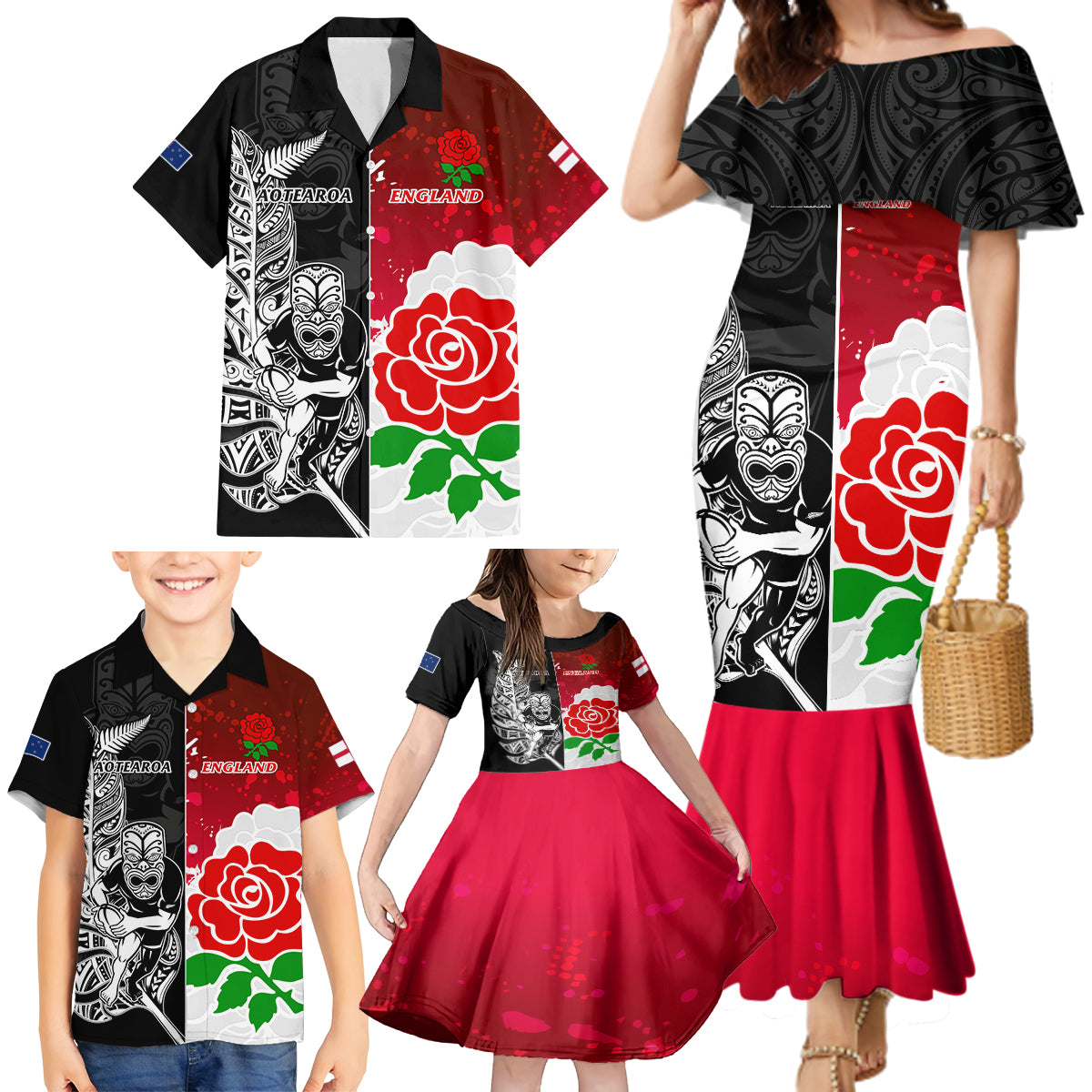 custom-new-zealand-and-england-rugby-family-matching-mermaid-dress-and-hawaiian-shirt-2023-world-cup-all-black-combine-red-roses