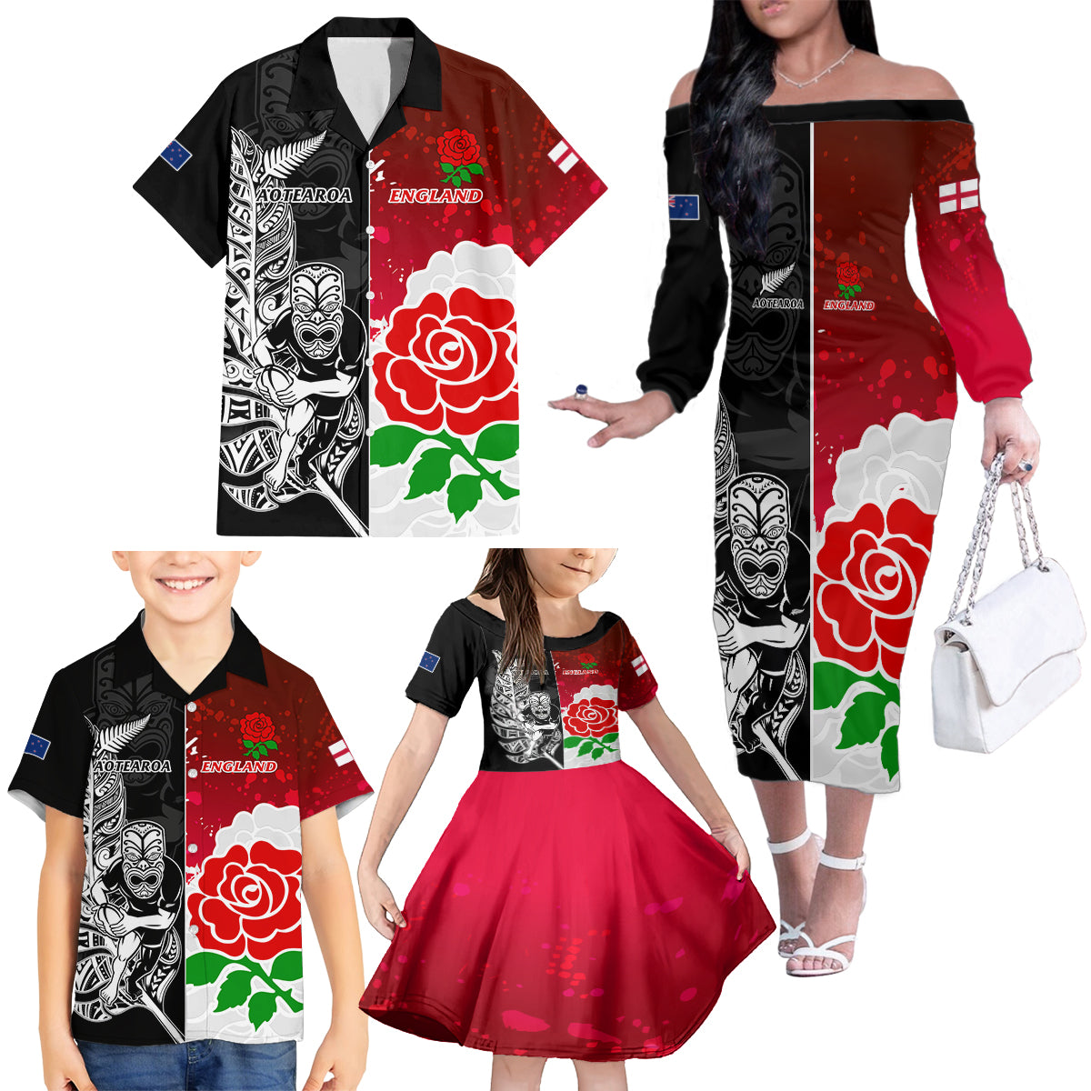 custom-new-zealand-and-england-rugby-family-matching-off-shoulder-long-sleeve-dress-and-hawaiian-shirt-2023-world-cup-all-black-combine-red-roses