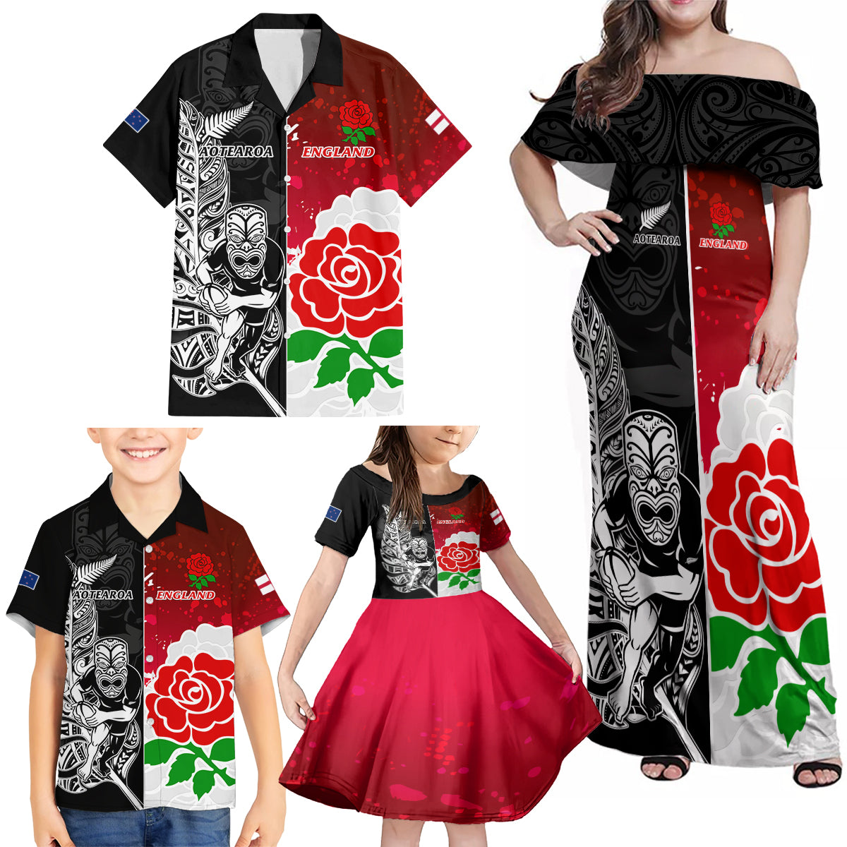 custom-new-zealand-and-england-rugby-family-matching-off-shoulder-maxi-dress-and-hawaiian-shirt-2023-world-cup-all-black-combine-red-roses