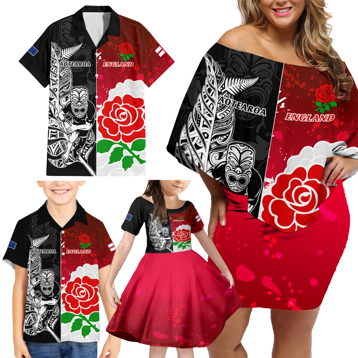 custom-new-zealand-and-england-rugby-family-matching-off-shoulder-short-dress-and-hawaiian-shirt-2023-world-cup-all-black-combine-red-roses