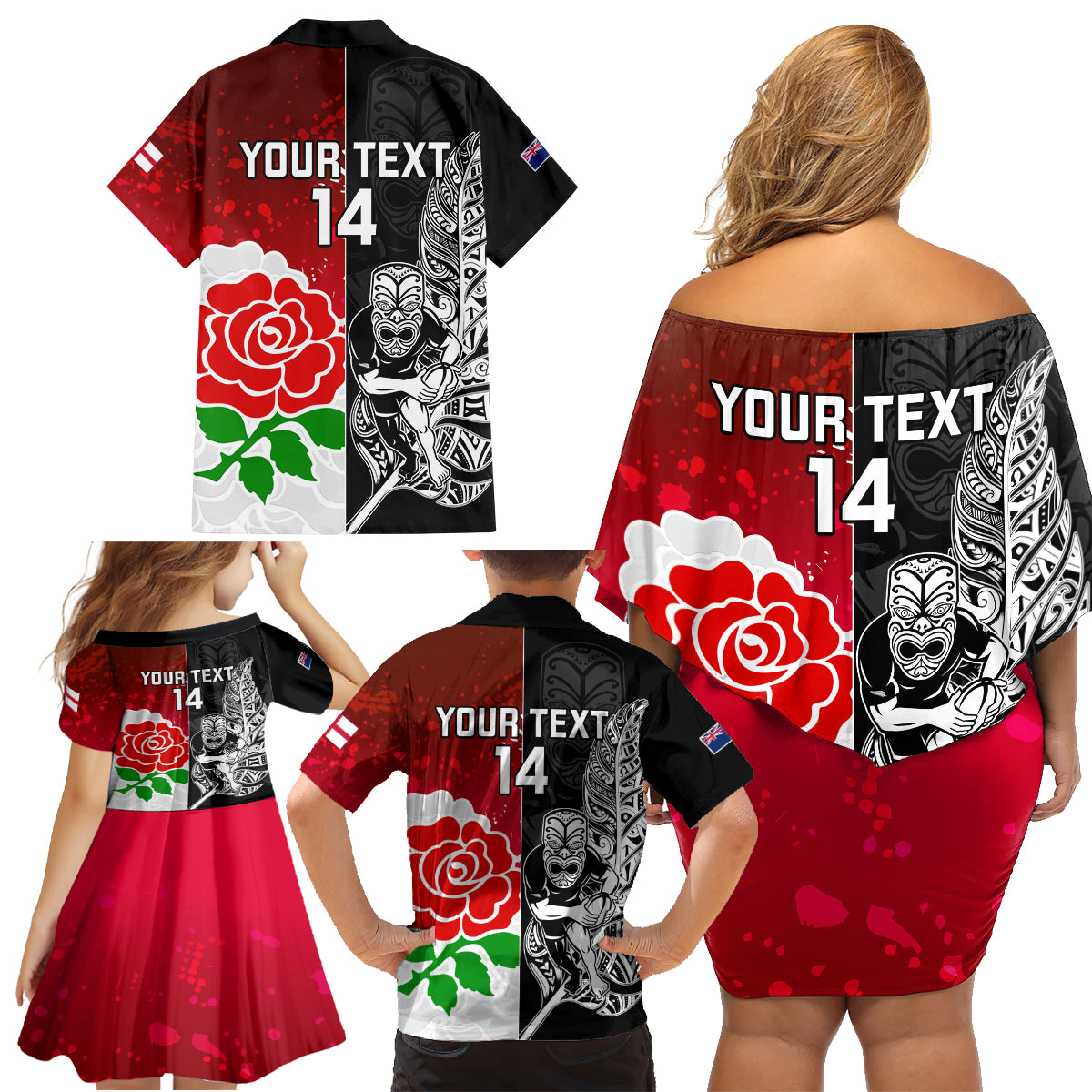 custom-new-zealand-and-england-rugby-family-matching-off-shoulder-short-dress-and-hawaiian-shirt-2023-world-cup-all-black-combine-red-roses